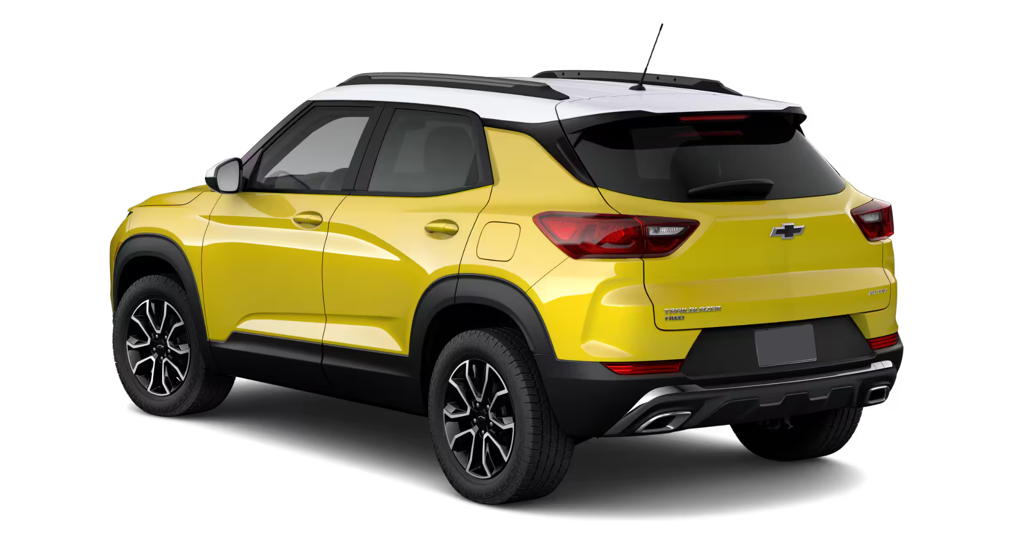 Rear view of a 2025 Chevrolet Trailblazer LS AWD in Nitro Yellow Metallic with contrasting white roof and bold taillight design.
