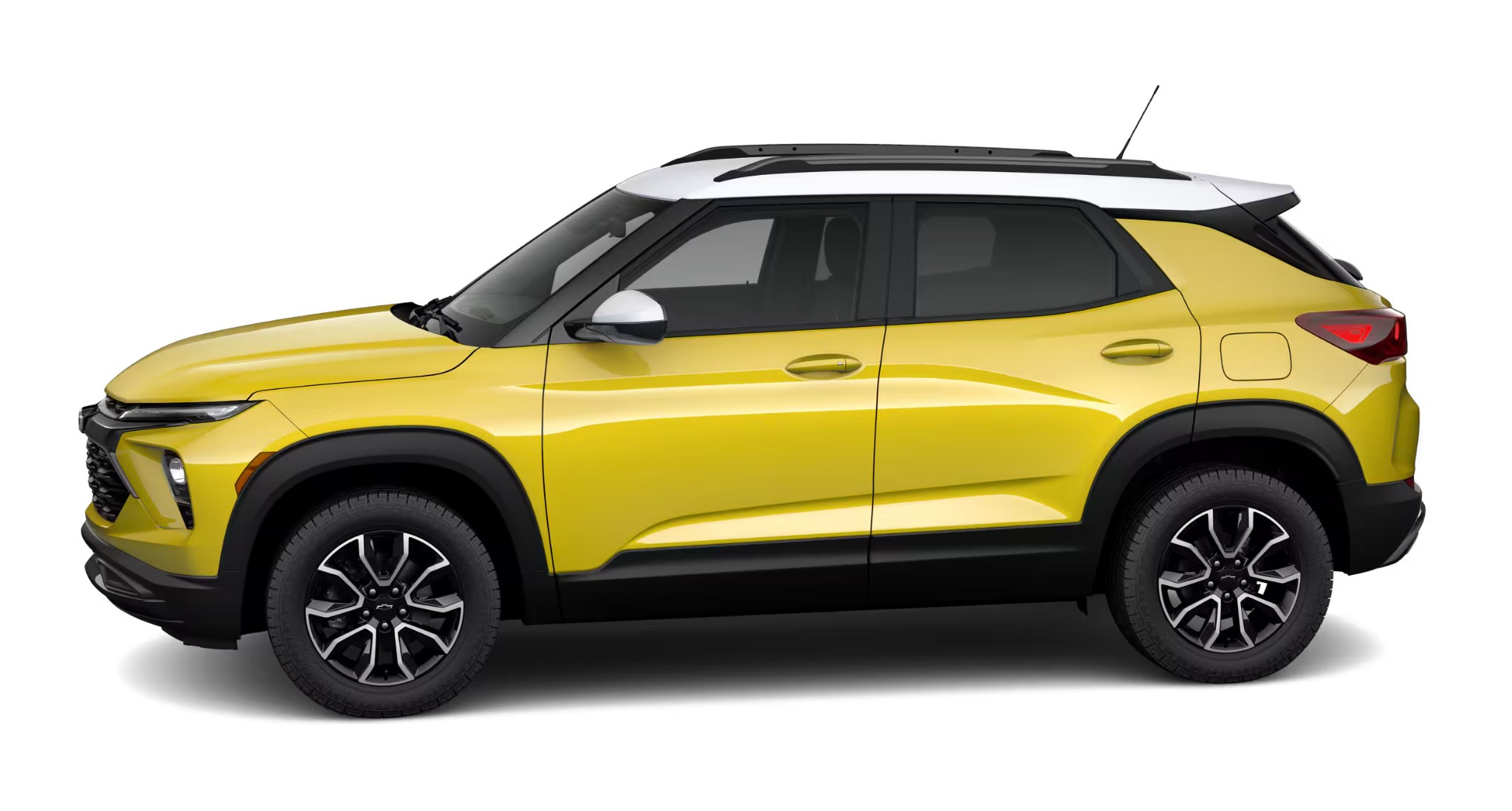 Side profile of the 2025 Chevrolet Trailblazer LS AWD showcasing its sleek lines, black cladding, and two-tone roof styling.