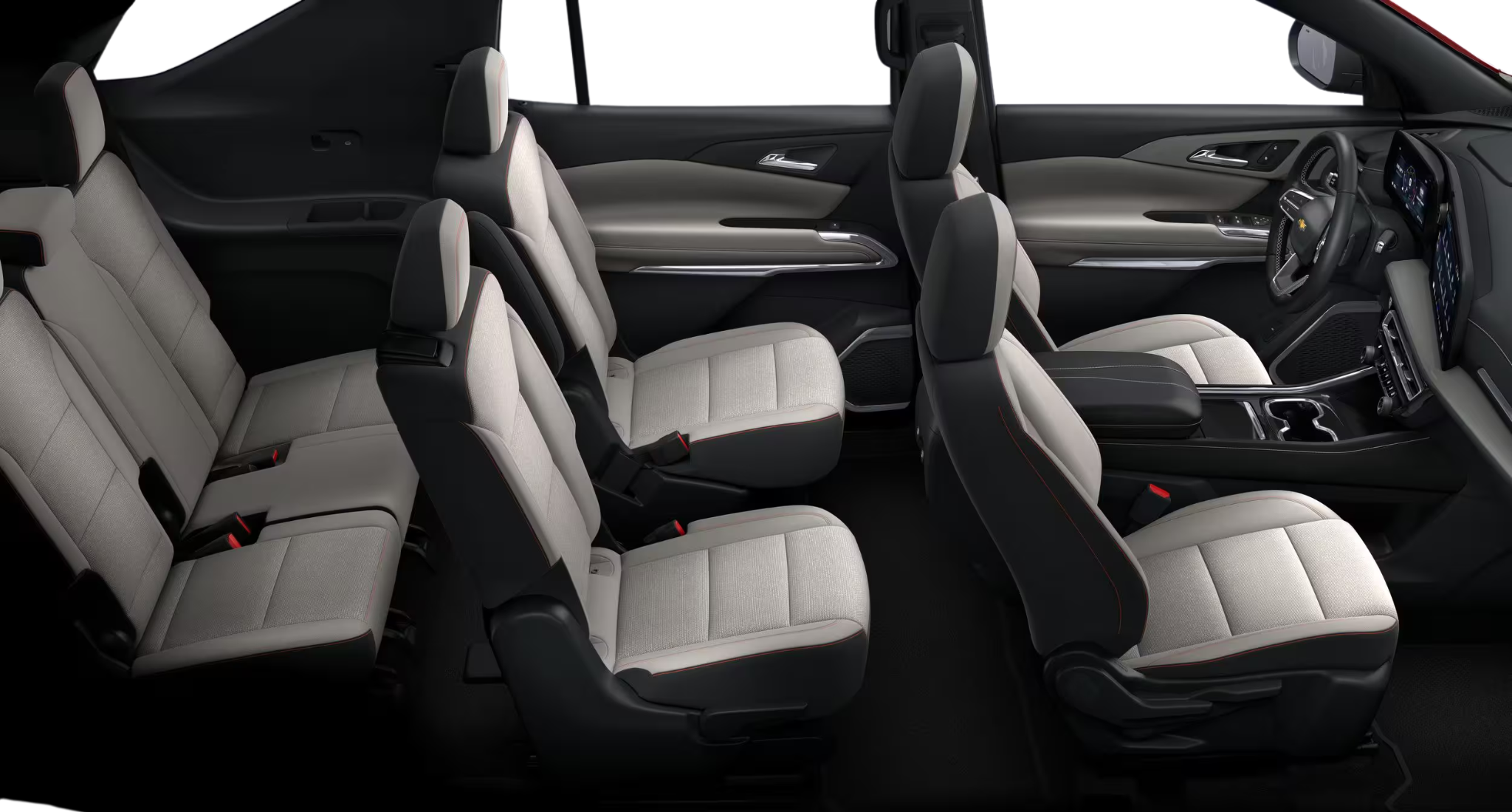 2025 Chevrolet Traverse interior showing three rows of light gray fabric seats with black trim and spacious cabin layout