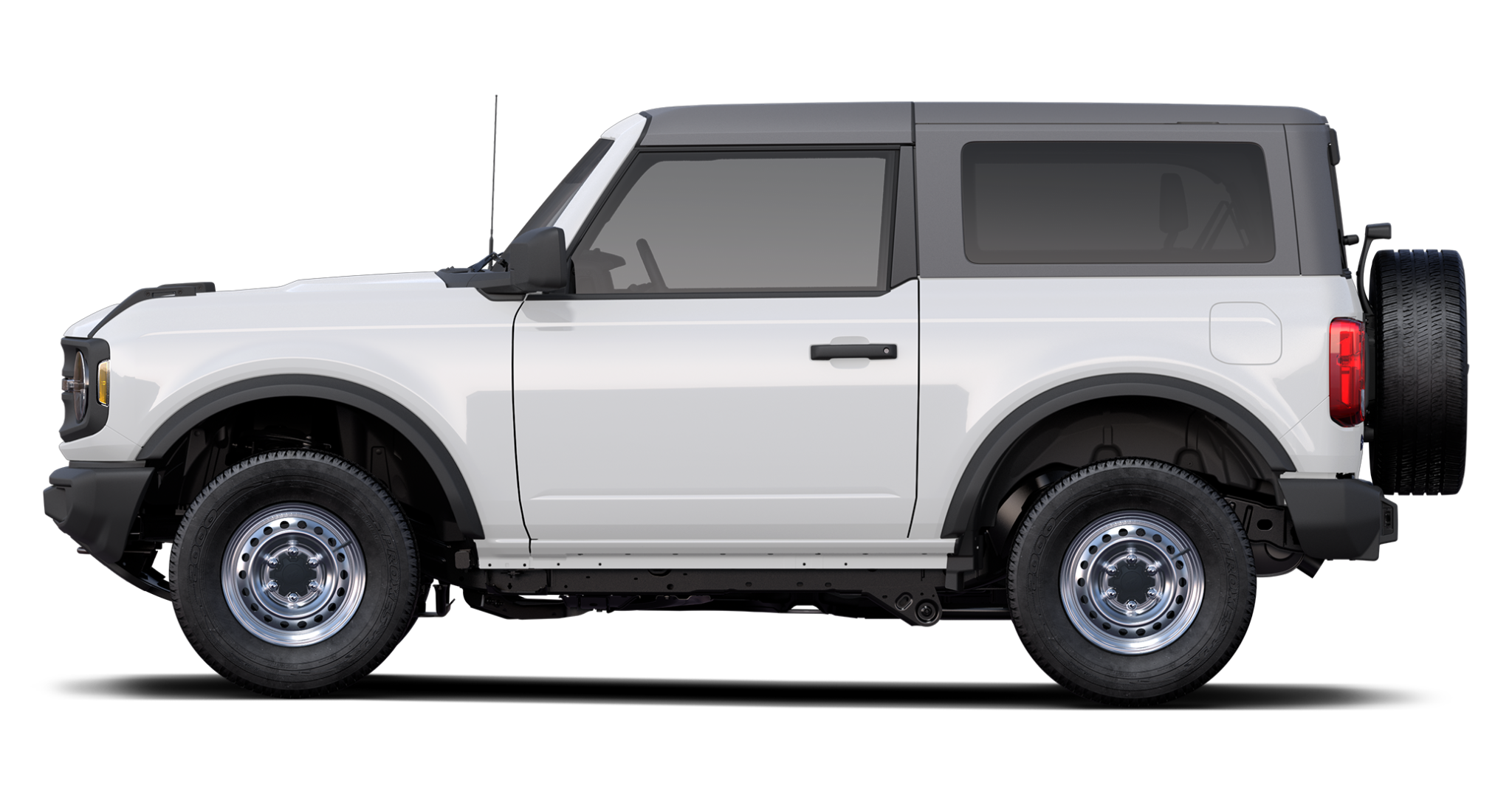 Side profile of the 2025 Ford Bronco Base 4x4 in white with black hardtop roof and steel wheels