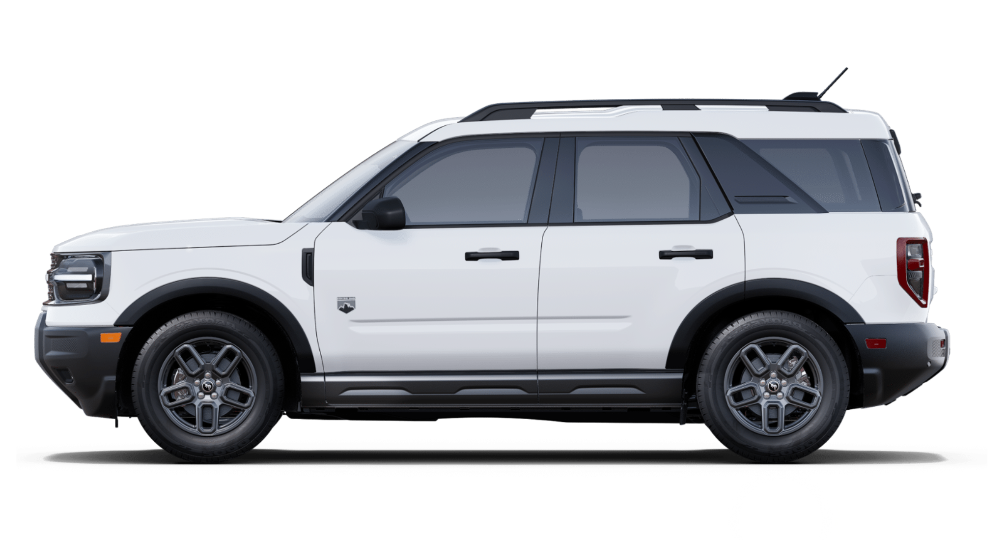 Side profile of the 2025 Ford Bronco Sport Big Bend showcasing roof rack, alloy wheels, and compact SUV design