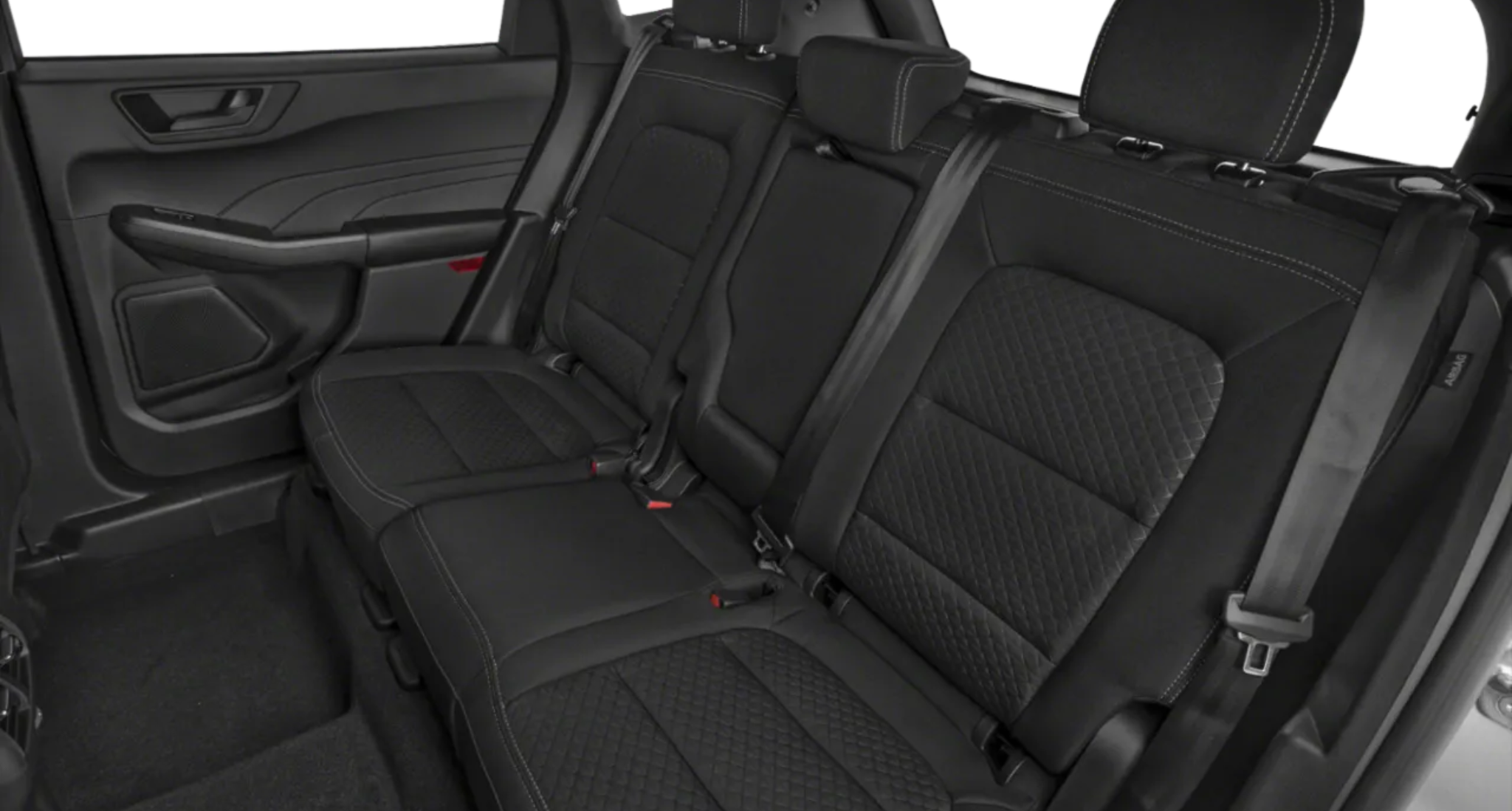 2025 Ford Escape Active AWD rear seat view showing spacious black cloth upholstery with diamond-pattern stitching and foldable bench layout.