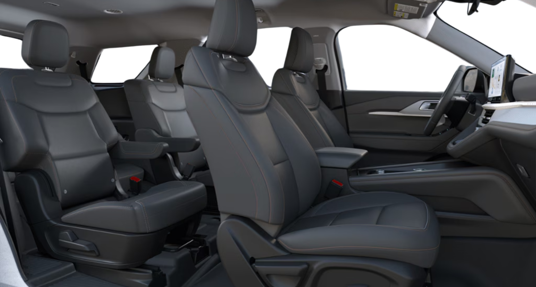 Spacious interior of the 2025 Ford Explorer Active AWD with second-row captain’s chairs and premium cloth trimmed seating