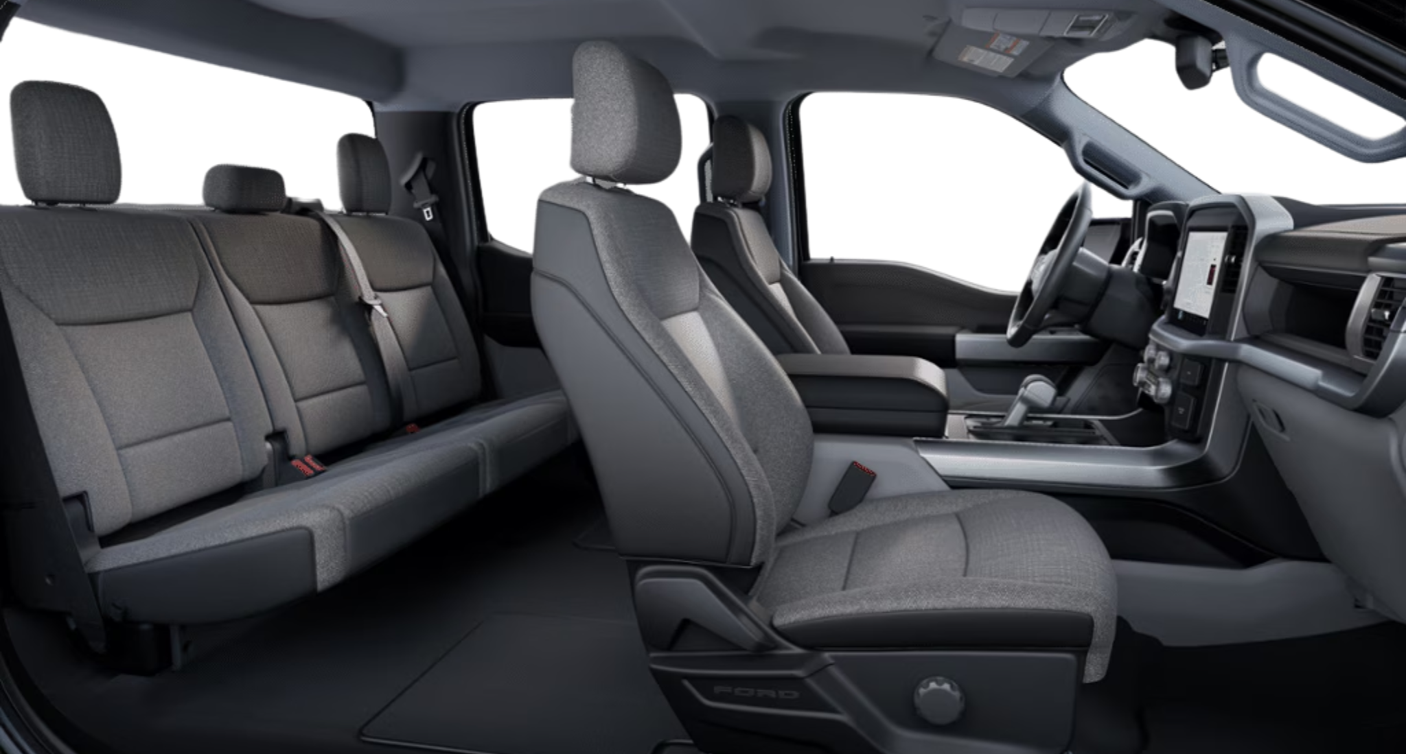Spacious interior of the 2025 Ford F-150 Lightning XLT EV showing premium cloth seating in both rows.