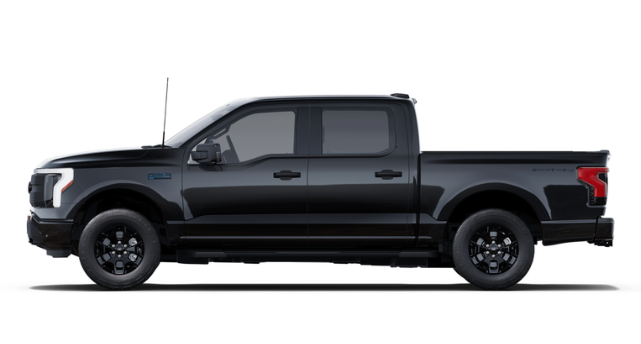 Side profile of the 2025 Ford F-150 Lightning XLT EV in black, showcasing its full-size electric truck silhouette and 4x4 stance.