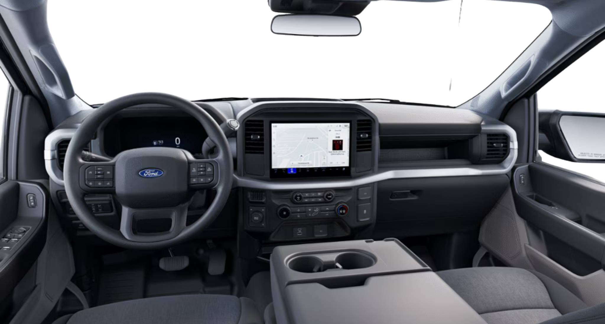 Interior view of the 2025 Ford F-150 XL 4X4 showing the digital cluster, SYNC® 4 infotainment screen, and steering wheel controls.
