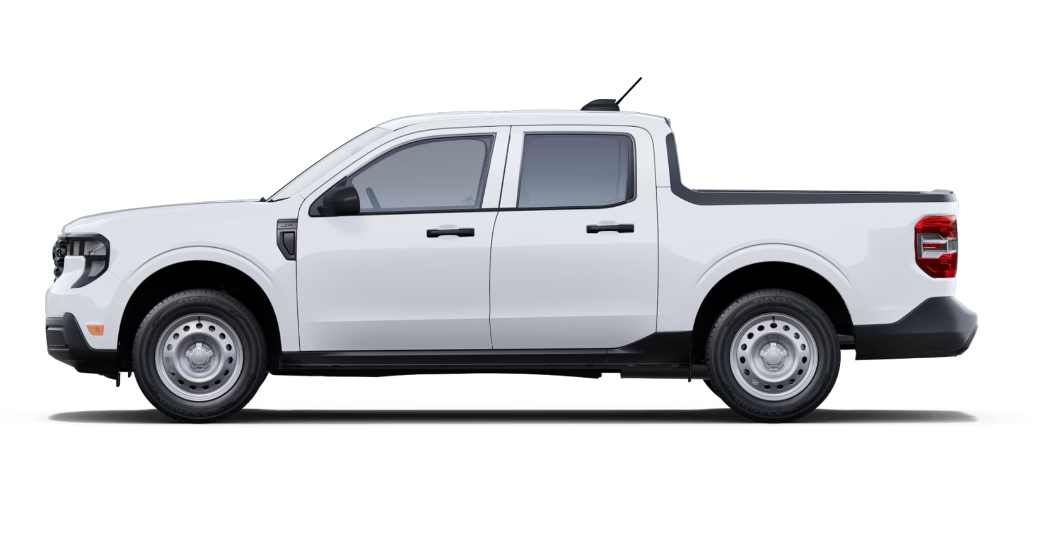 Side view of the 2025 Ford Maverick XL Supercrew AWD showing four-door configuration, short bed, and steel wheels