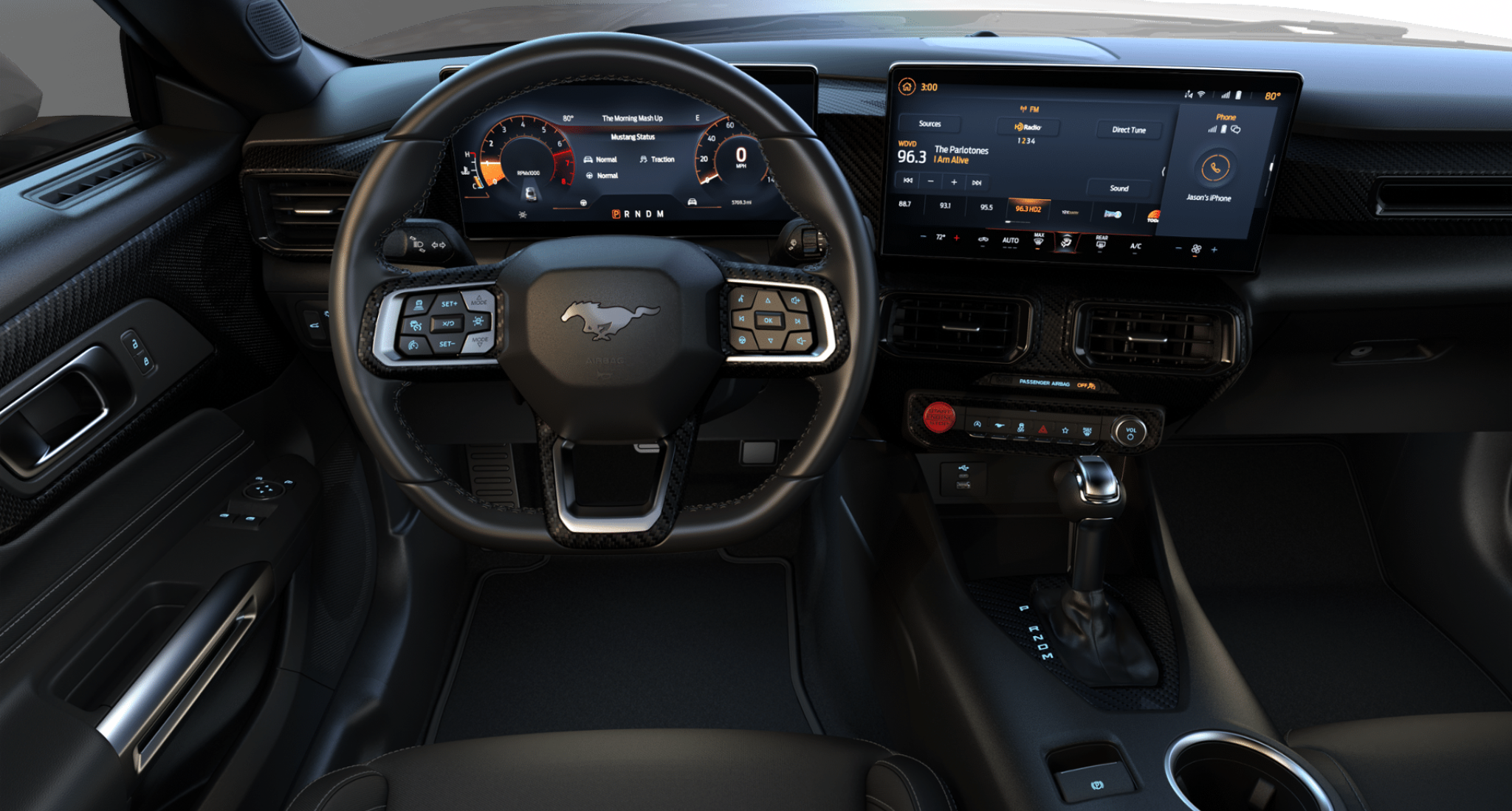 Interior view of the 2025 Ford Mustang Ecoboost RWD dashboard featuring digital instrument cluster, SYNC 4 touchscreen, and leather-wrapped steering wheel.