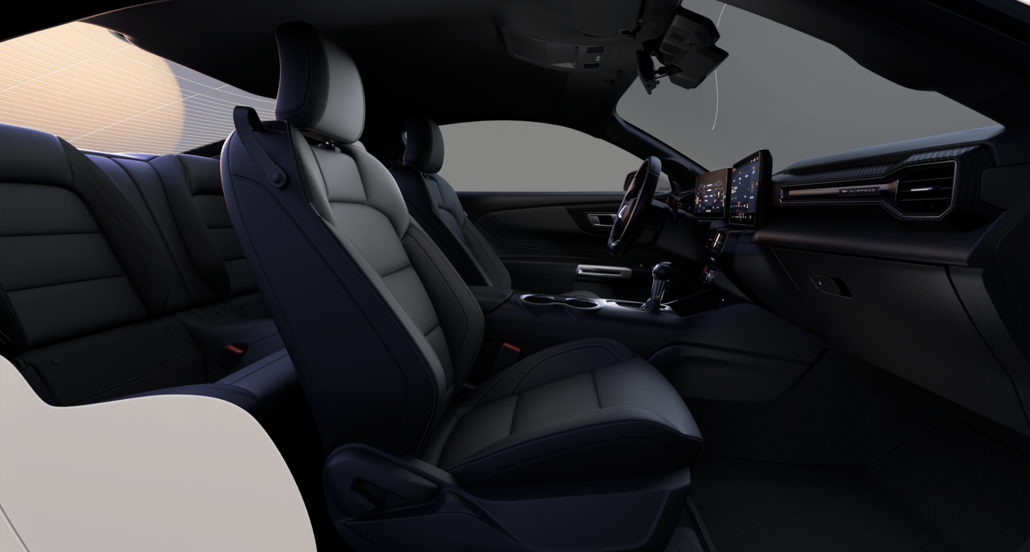 Side interior view of the 2025 Ford Mustang Ecoboost RWD showcasing front cloth bucket seats and spacious rear seating.