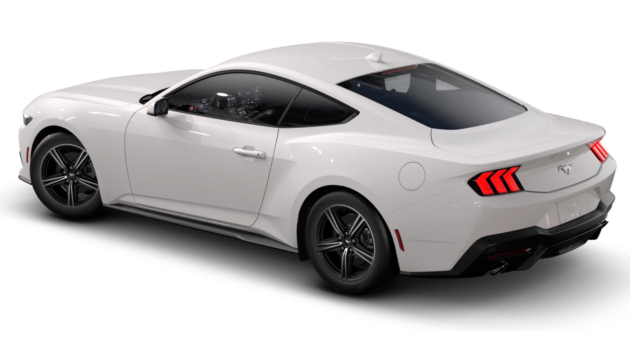 Rear three-quarter view of the 2025 Ford Mustang Ecoboost RWD, showing LED sequential taillights and dual bright exhaust tips.