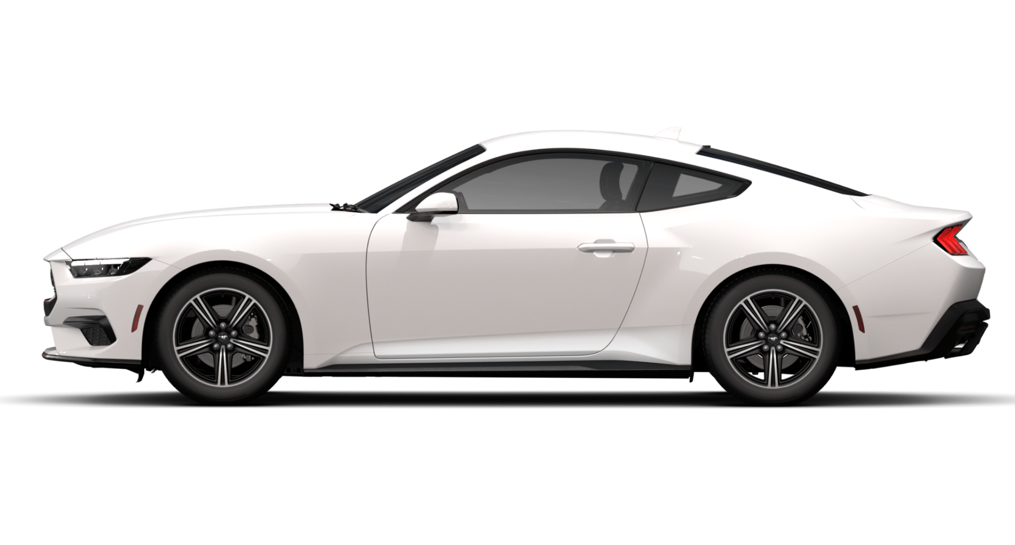 Full side profile of the 2025 Ford Mustang Ecoboost RWD fastback coupe with 18-inch aluminum wheels and aerodynamic lines.