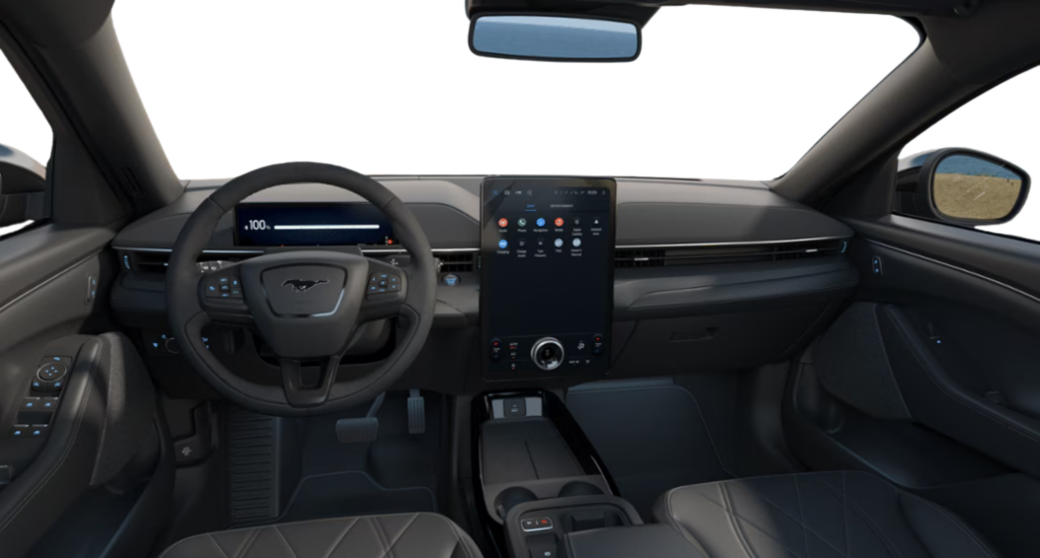 Interior view of the 2025 Ford Mustang Mach-E AWD showing the steering wheel, digital instrument cluster, and large SYNC 4A touchscreen.
