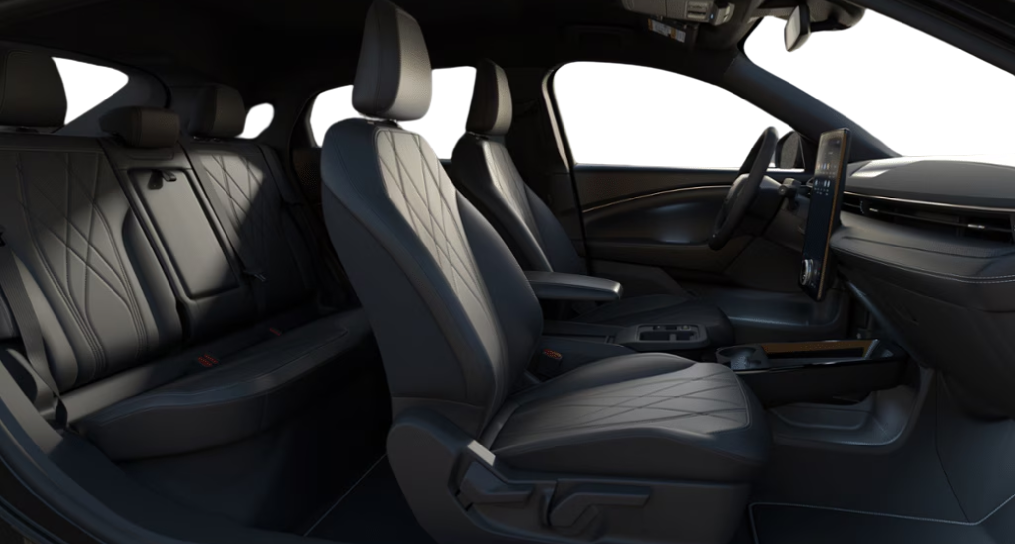 Side angle of the 2025 Mustang Mach-E AWD cabin highlighting quilted front seats, rear passenger seating, and modern interior design.