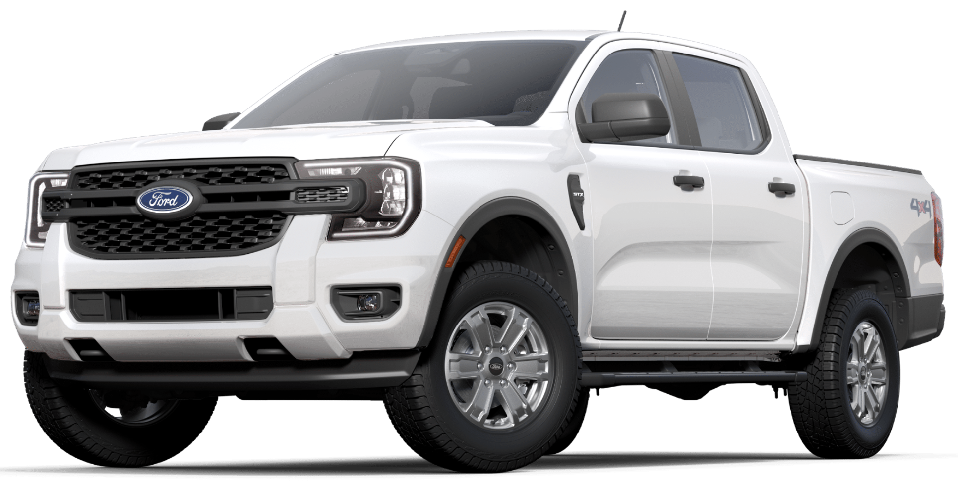 Front view of the 2025 Ford Ranger XL SuperCrew 4X4 in white with black grille and LED headlamps