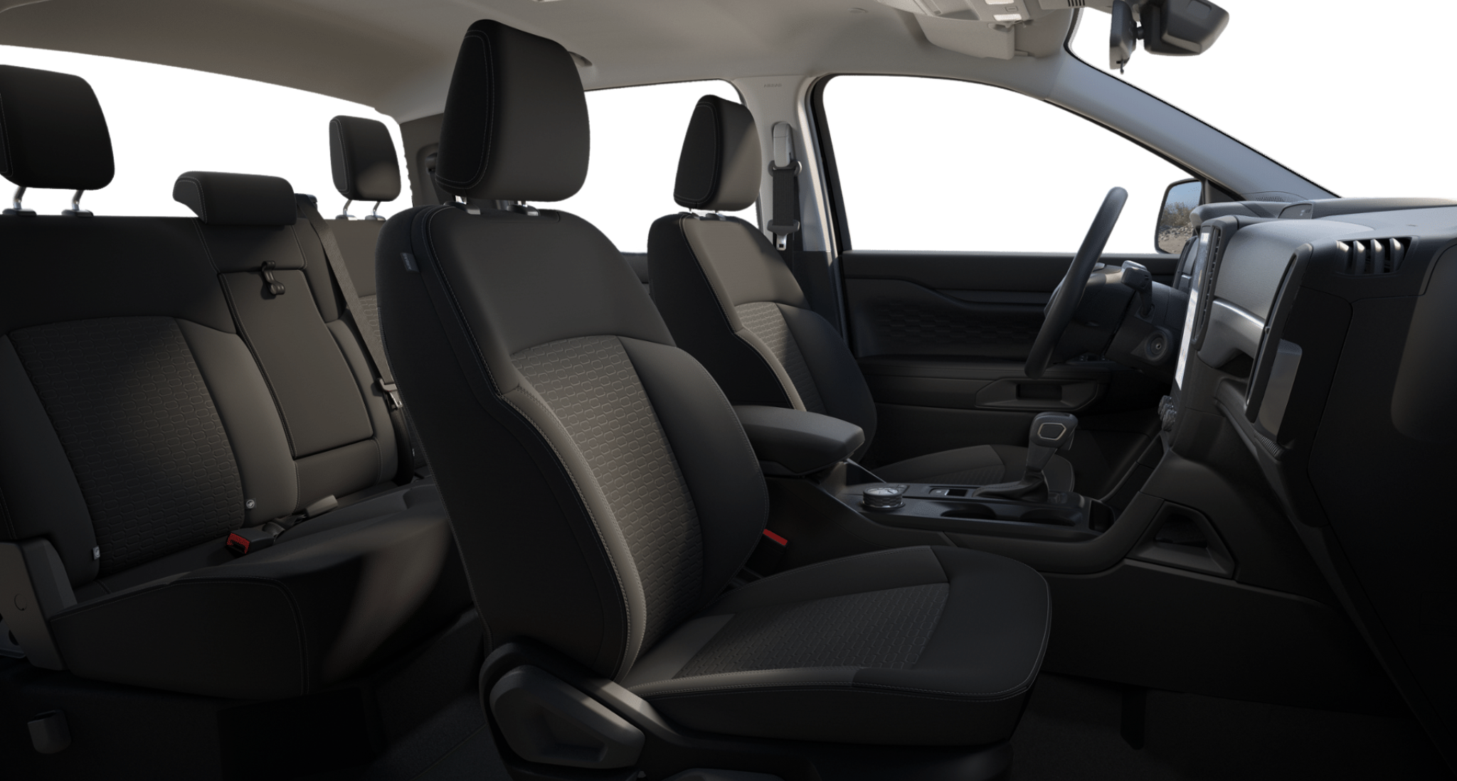 2025 Ford Ranger XL SuperCrew cabin showing cloth front bucket seats and spacious rear bench seating