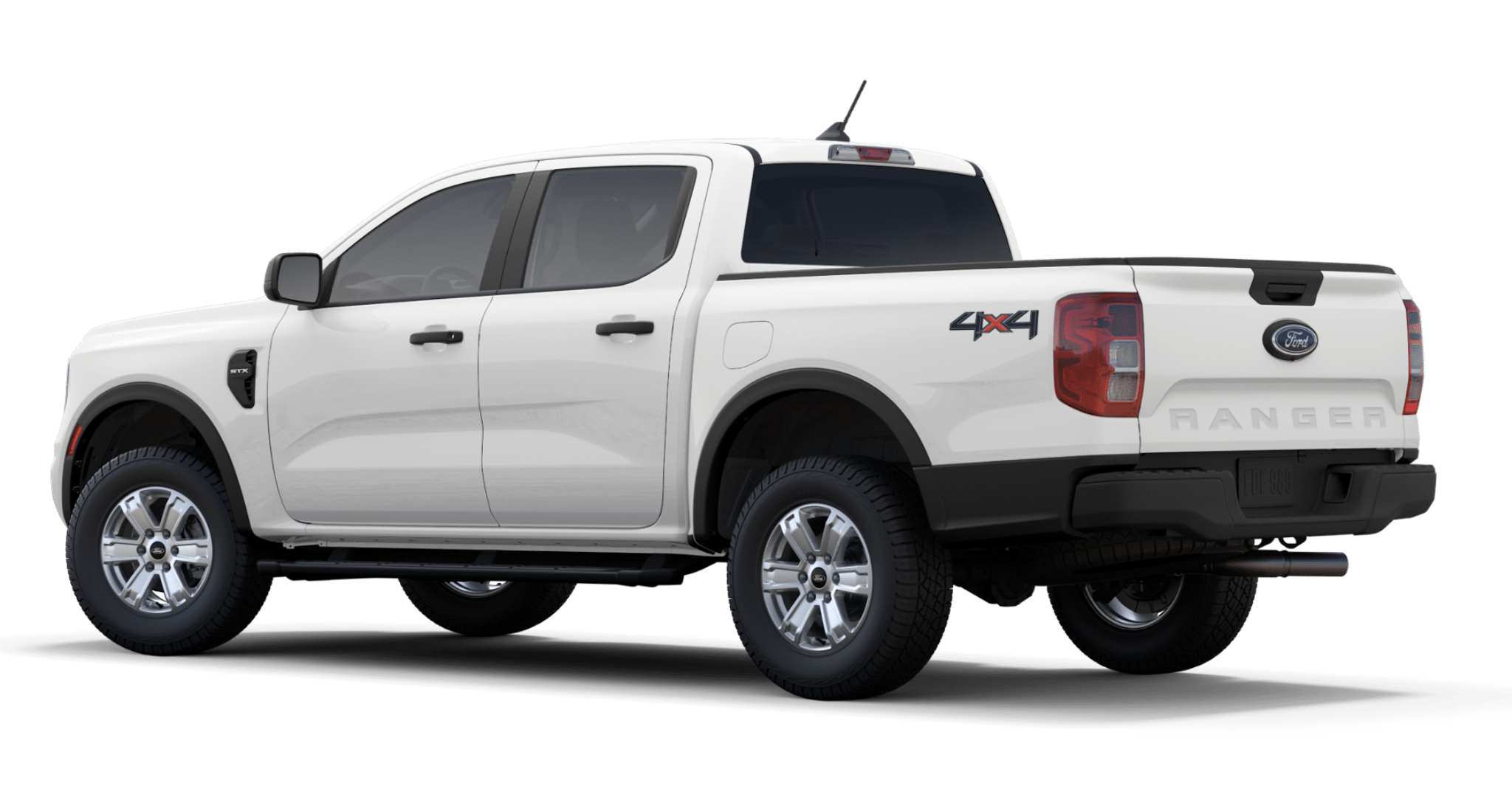 Rear angle of the 2025 Ford Ranger XL SuperCrew showcasing 4X4 badging, tailgate, and cargo bed
