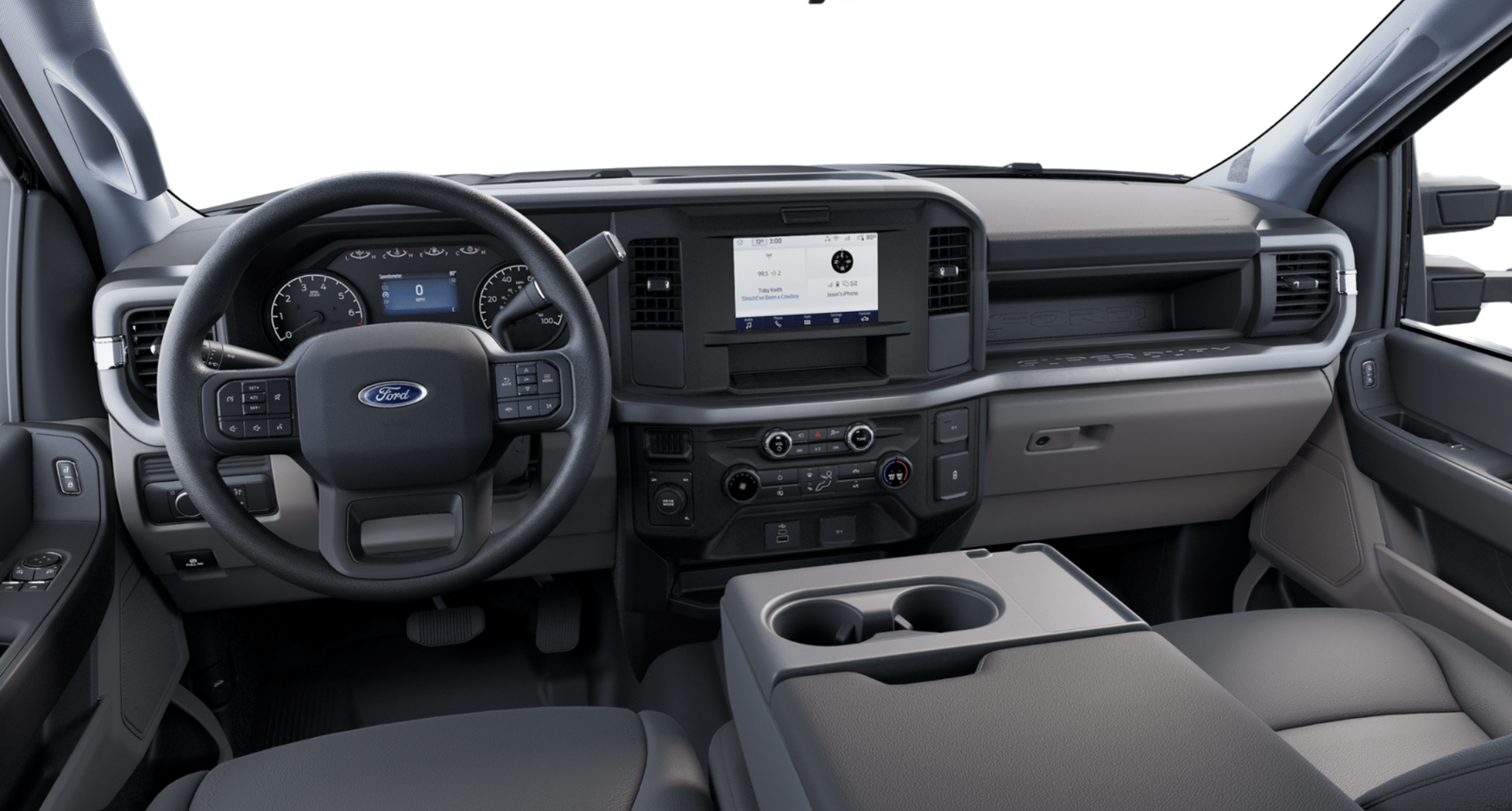 Interior view of the 2025 Ford Super Duty F-250 XL 4X4 showing steering wheel, SYNC 4 touchscreen, and rugged dashboard design