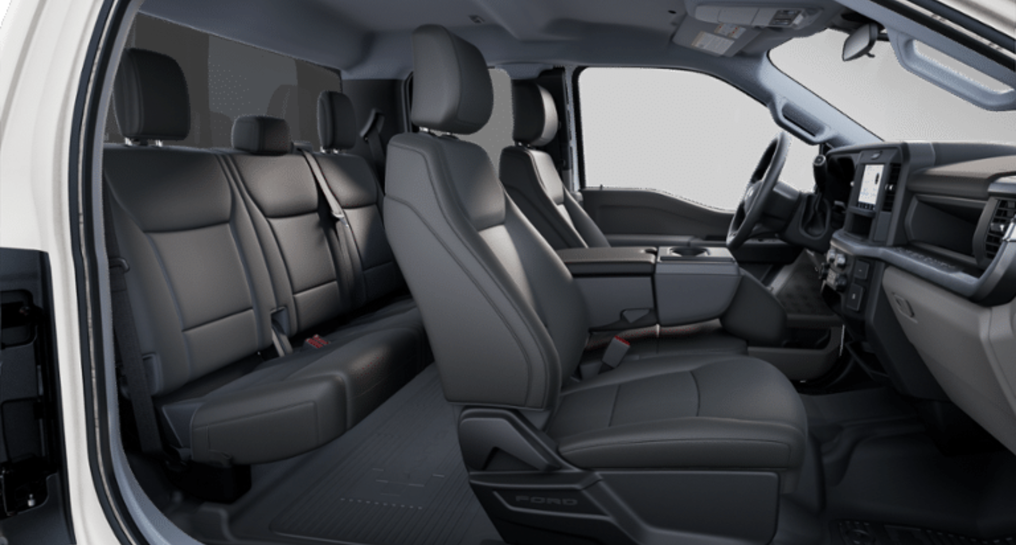 2025 Ford F-250 XL 4X4 interior with front vinyl bench seats, fold-up rear bench, and SuperCab cabin layout