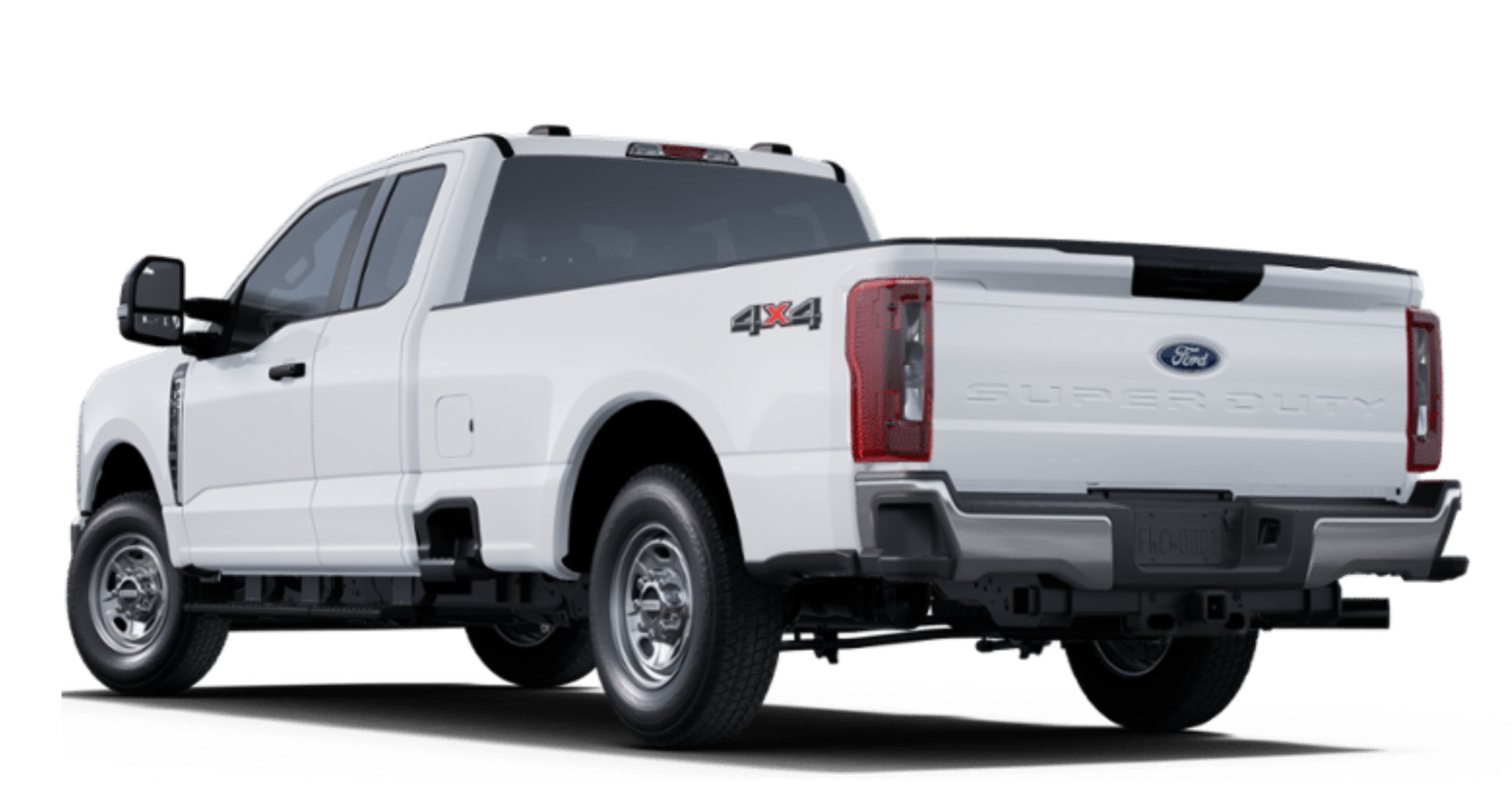 Rear angle of the 2025 Ford F-250 XL 4X4 showing tailgate with embossed Super Duty branding and 4x4 badge