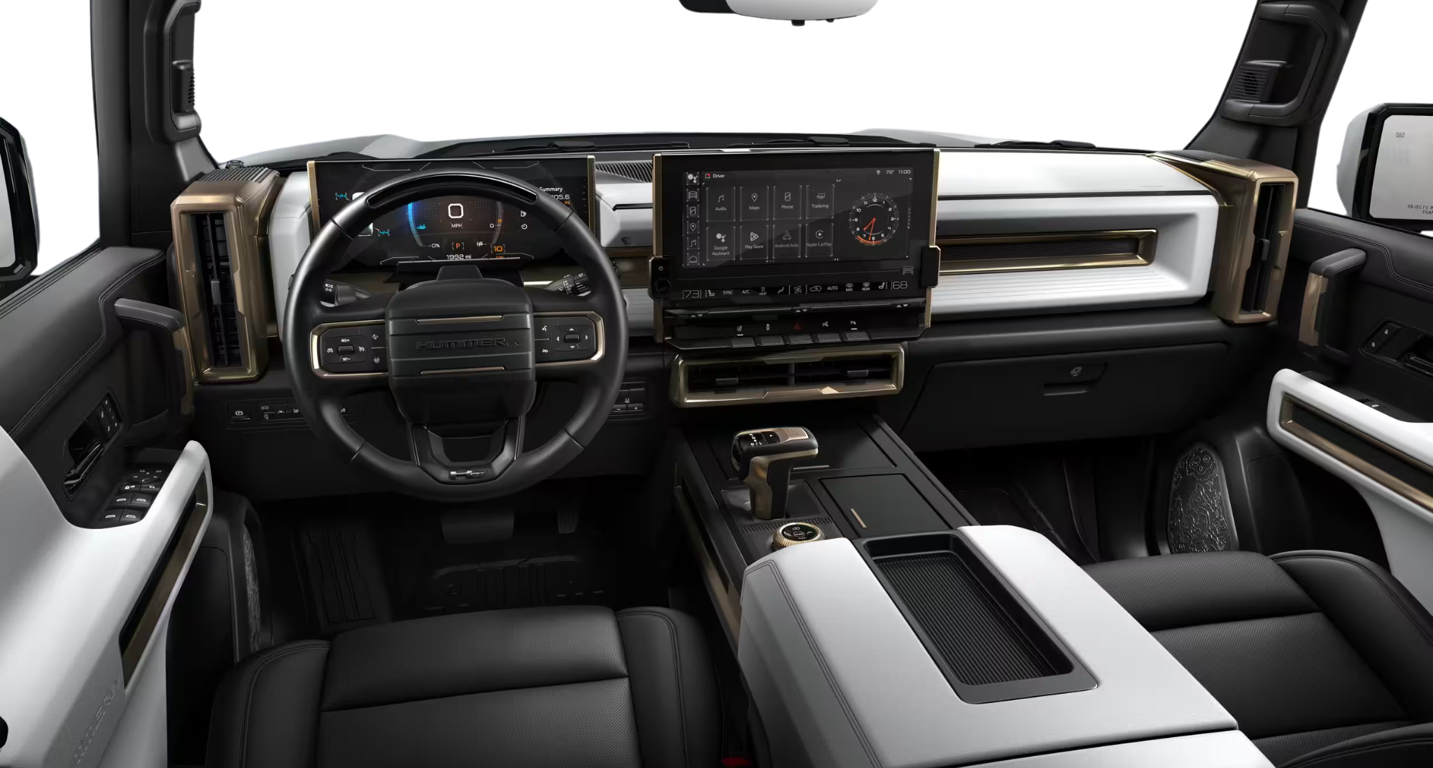 2025 GMC Hummer EV SUV dashboard featuring dual digital displays, premium materials, and futuristic control center design.