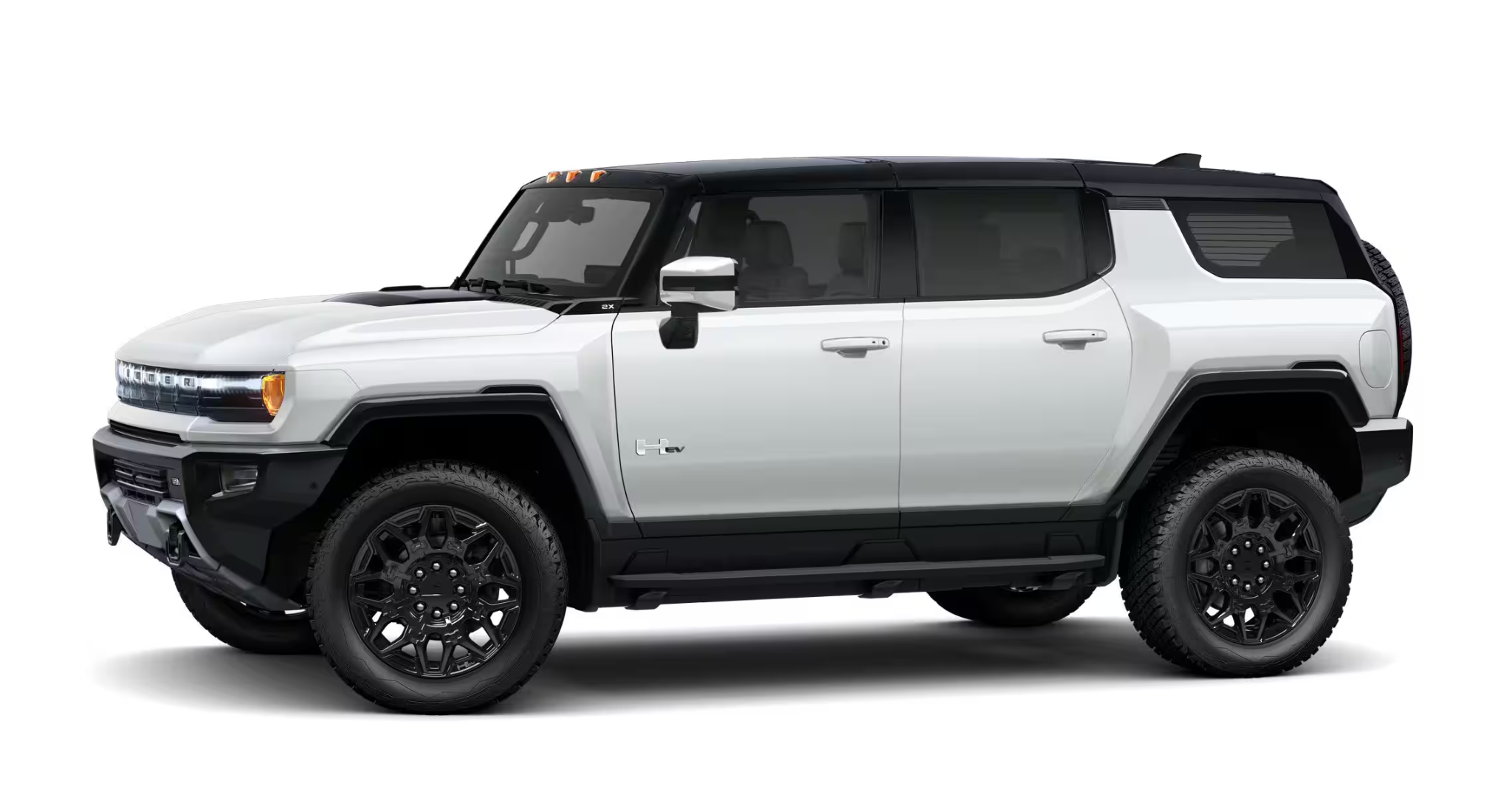 2025 GMC Hummer EV SUV side profile emphasizing aggressive stance, high ground clearance, and sleek two-tone exterior finish.