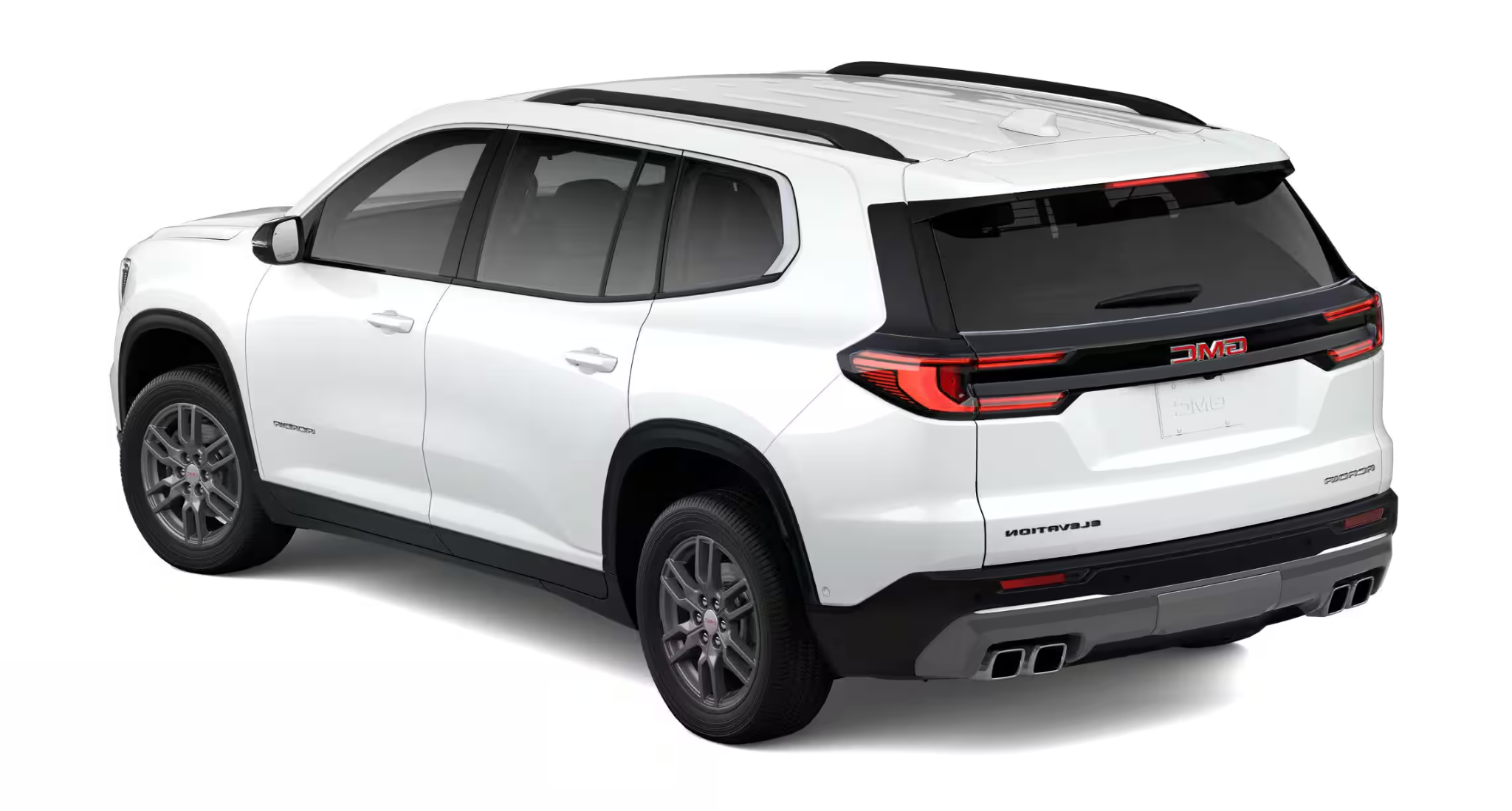Rear view of 2025 GMC Acadia Elevation AWD in white showcasing LED taillights and Elevation badging
