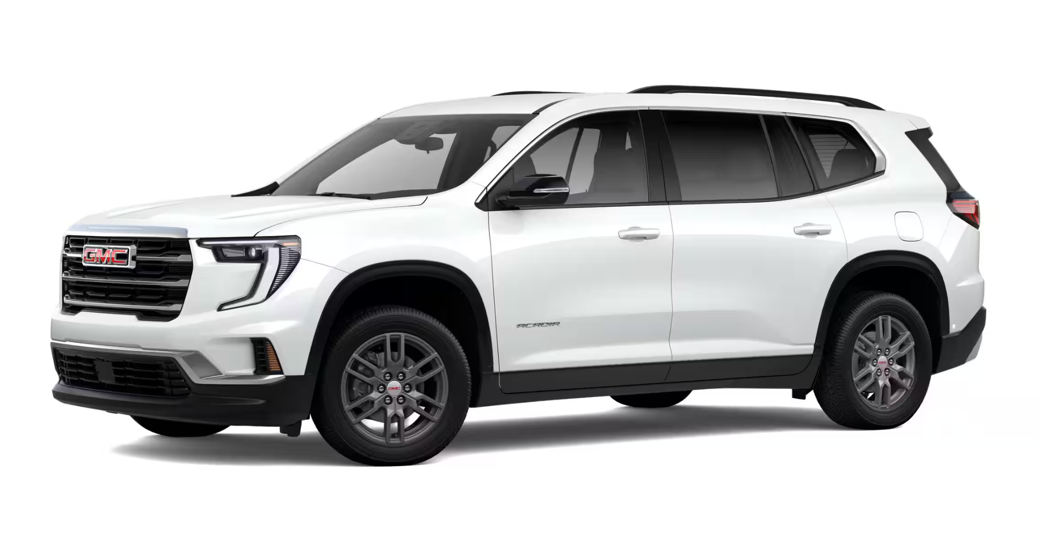 Side profile of the 2025 GMC Acadia Elevation AWD in Summit White with roof rails and bold wheel design