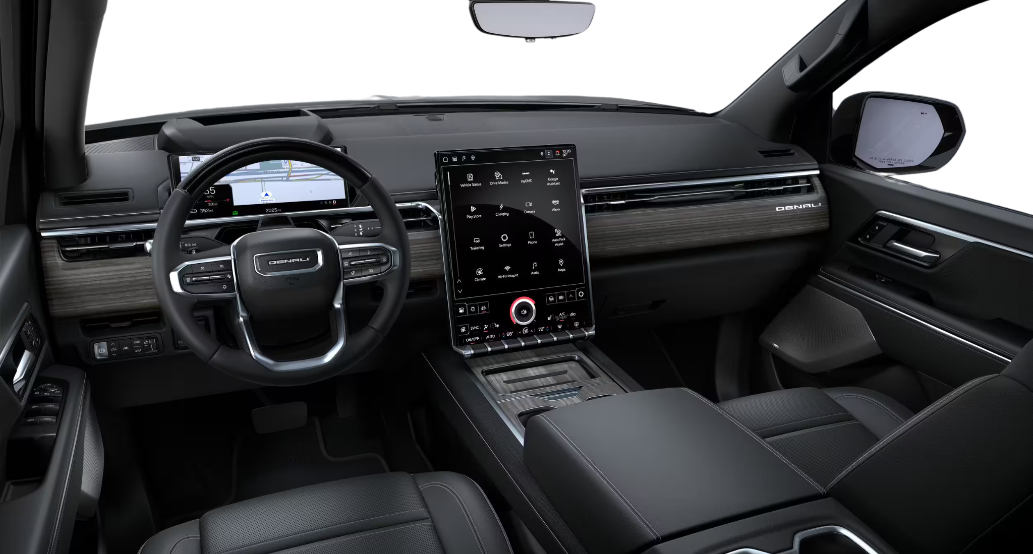 Driver-focused cockpit of the 2025 GMC Sierra EV Denali with 16.8-inch Google-integrated display and Denali-branded leather steering wheel.
