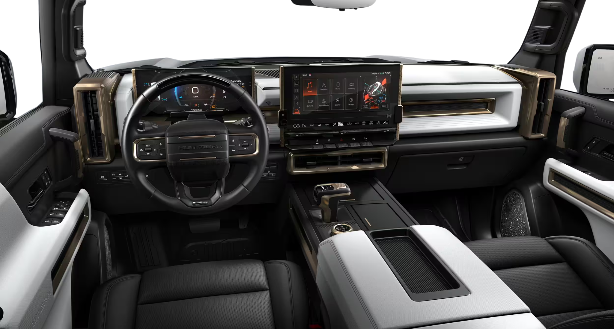 High-tech digital dashboard and infotainment system of the 2025 GMC Hummer EV Pickup, featuring dual displays and premium materials.