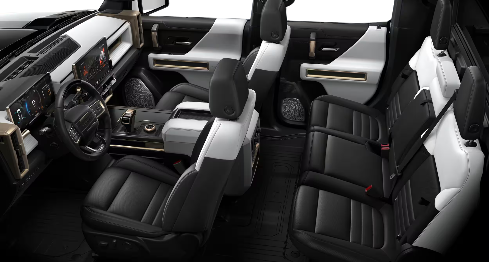 Spacious black and white premium leather seats inside the 2025 GMC Hummer EV Pickup with panoramic roof and modern design.
