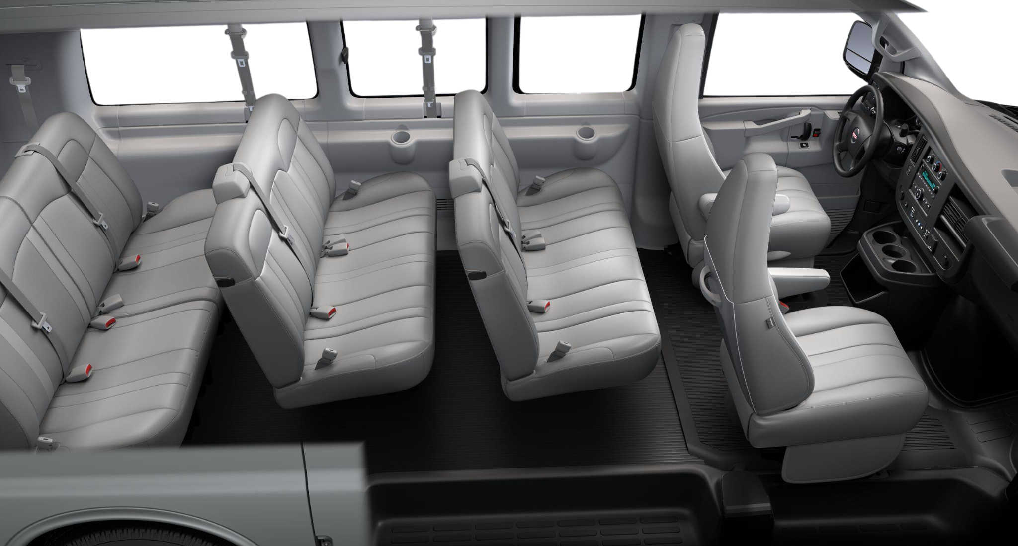 2025 GMC Savanna Passenger LS RWD interior showing 12-passenger seating layout with durable vinyl bucket seats and rear air conditioning.