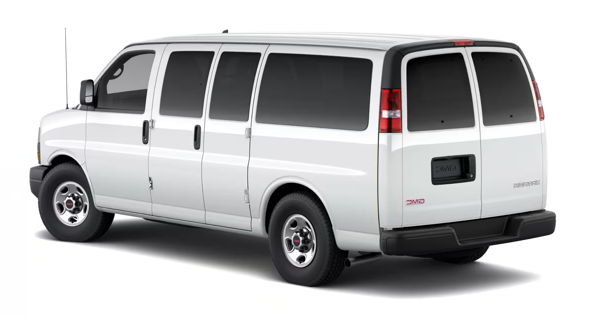 Rear view of the 2025 GMC Savanna Passenger LS RWD showcasing swing-out rear cargo doors, privacy-tinted windows, and durable body design.