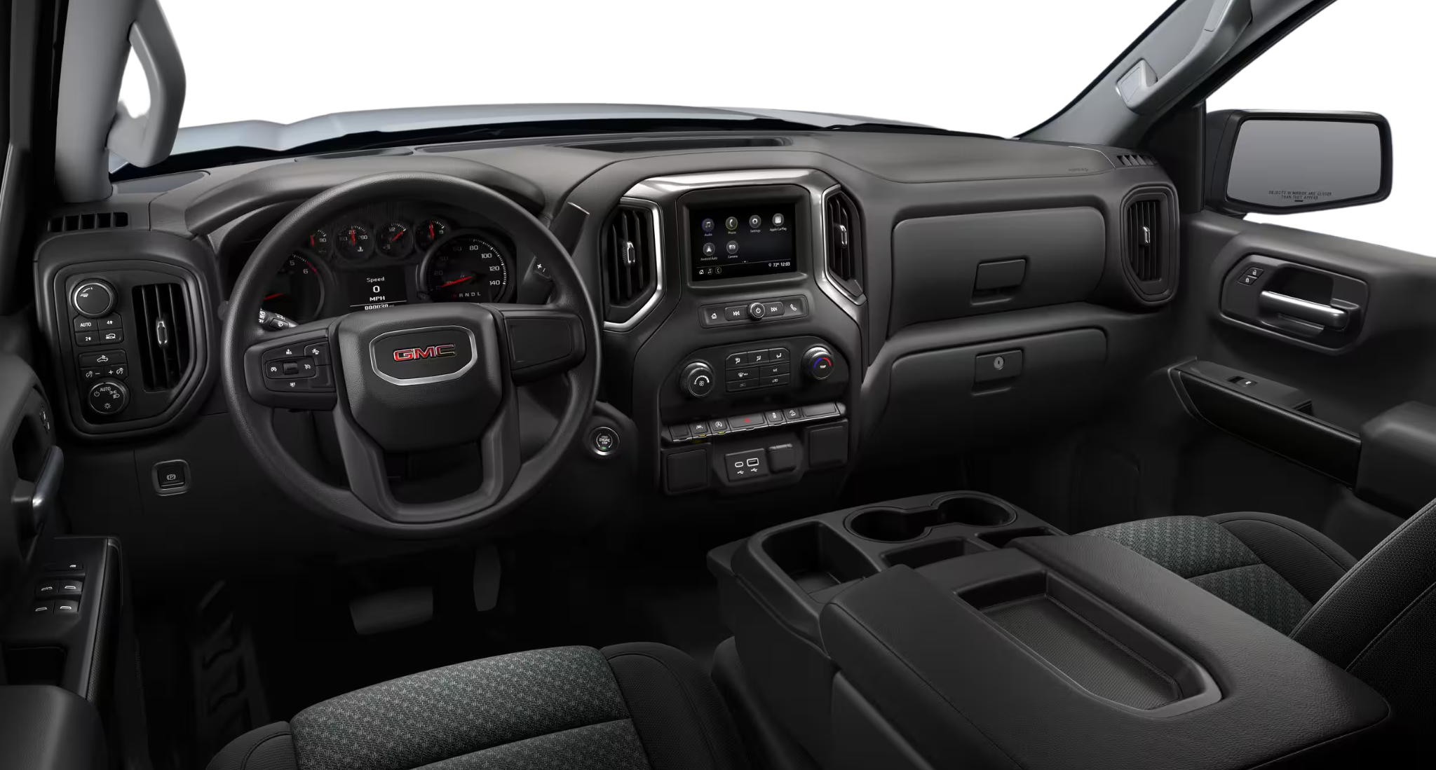 Dashboard and steering wheel view of the 2025 GMC Sierra 1500 Pro showing infotainment screen, climate controls, and rugged trim.