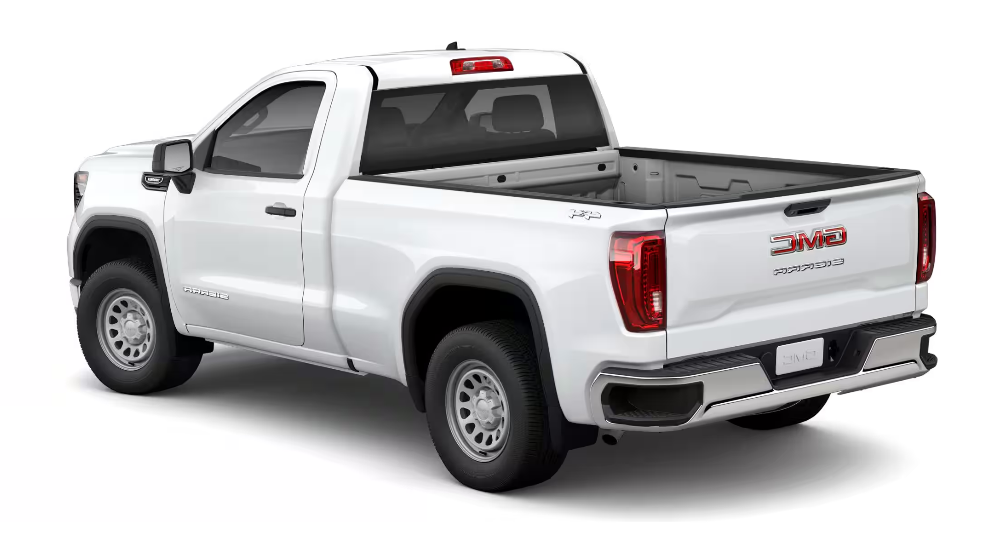 Rear angle of the 2025 GMC Sierra 1500 Pro 4x4 in Summit White, showcasing the bed, tailgate, and LED taillamps.