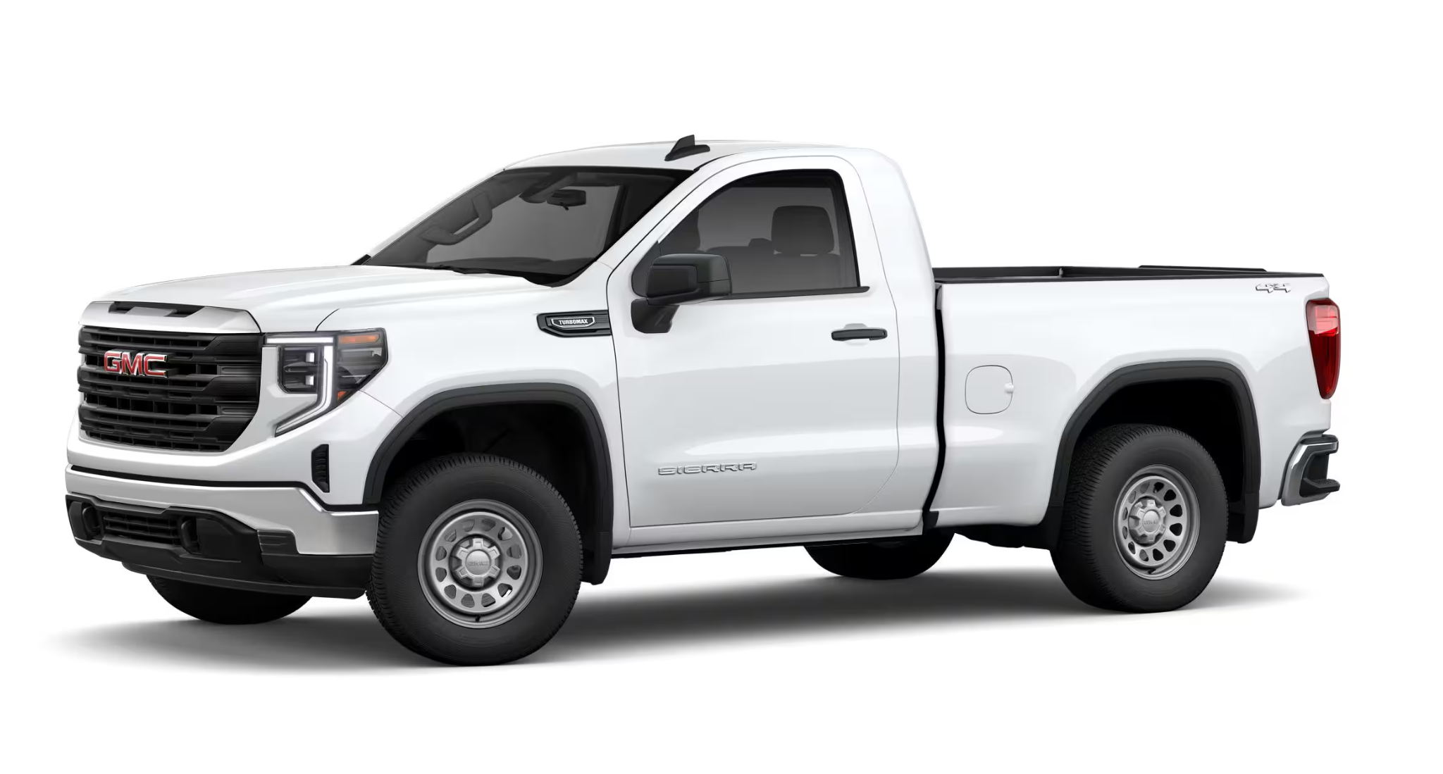 Passenger-side profile of the 2025 GMC Sierra 1500 Pro 4x4 pickup truck featuring the TurboMax badge and 4x4 emblem.
