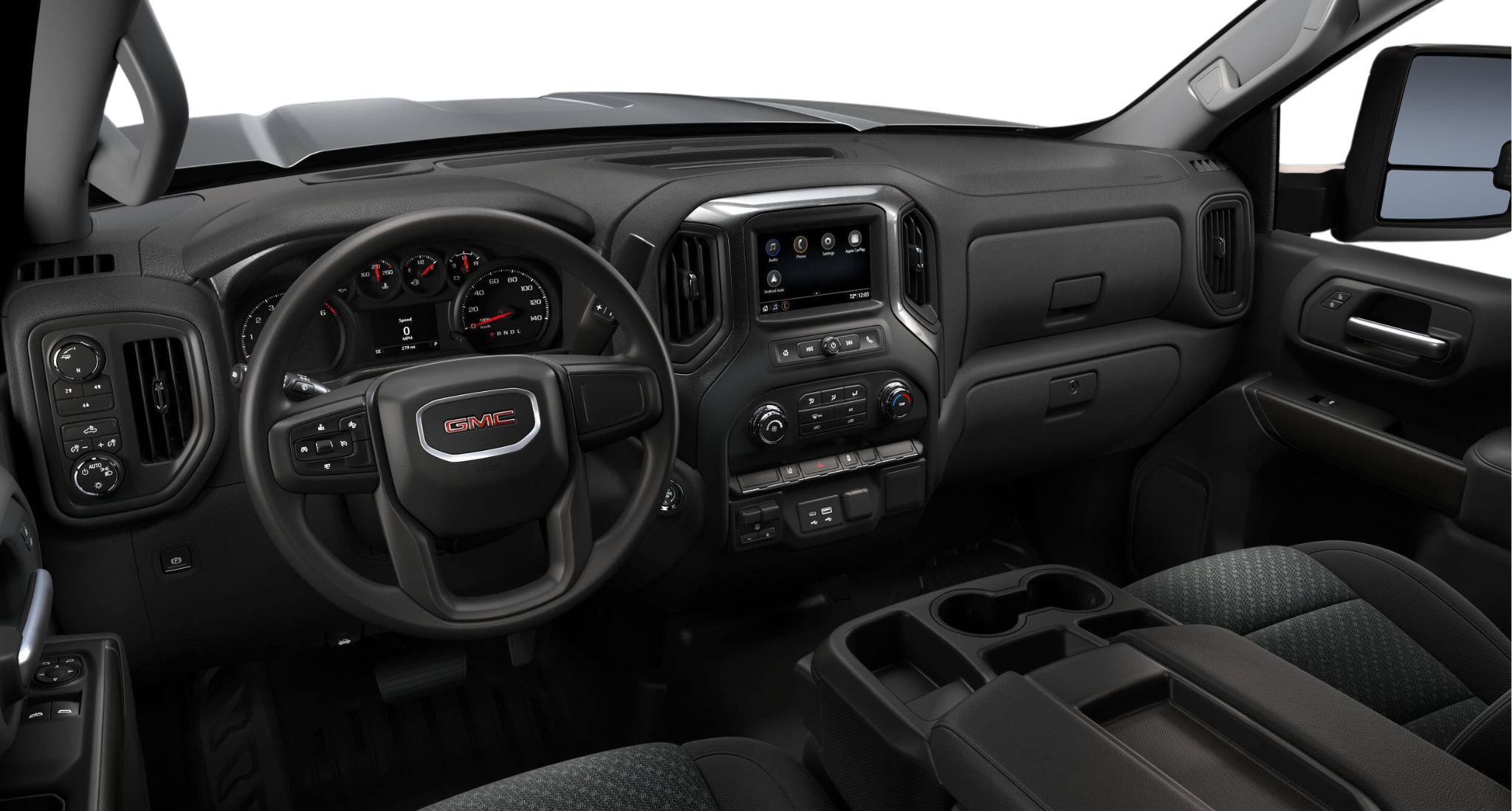 Close-up of the 2025 GMC Sierra 2500 HD Pro dashboard featuring a digital display, GMC steering wheel, and infotainment screen.