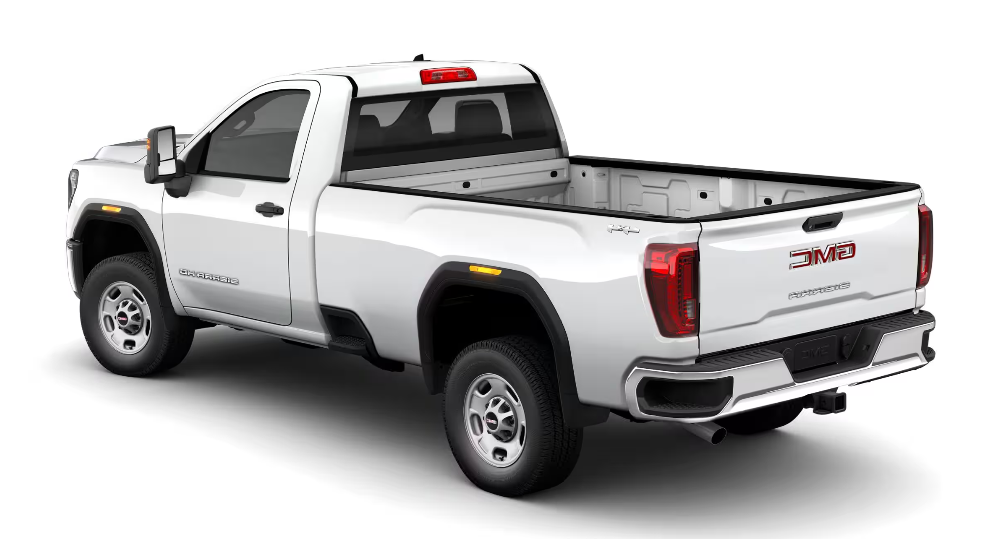 Rear view of the 2025 GMC Sierra 2500 HD Pro 4WD in Summit White with trailering equipment and durable chrome rear bumper.