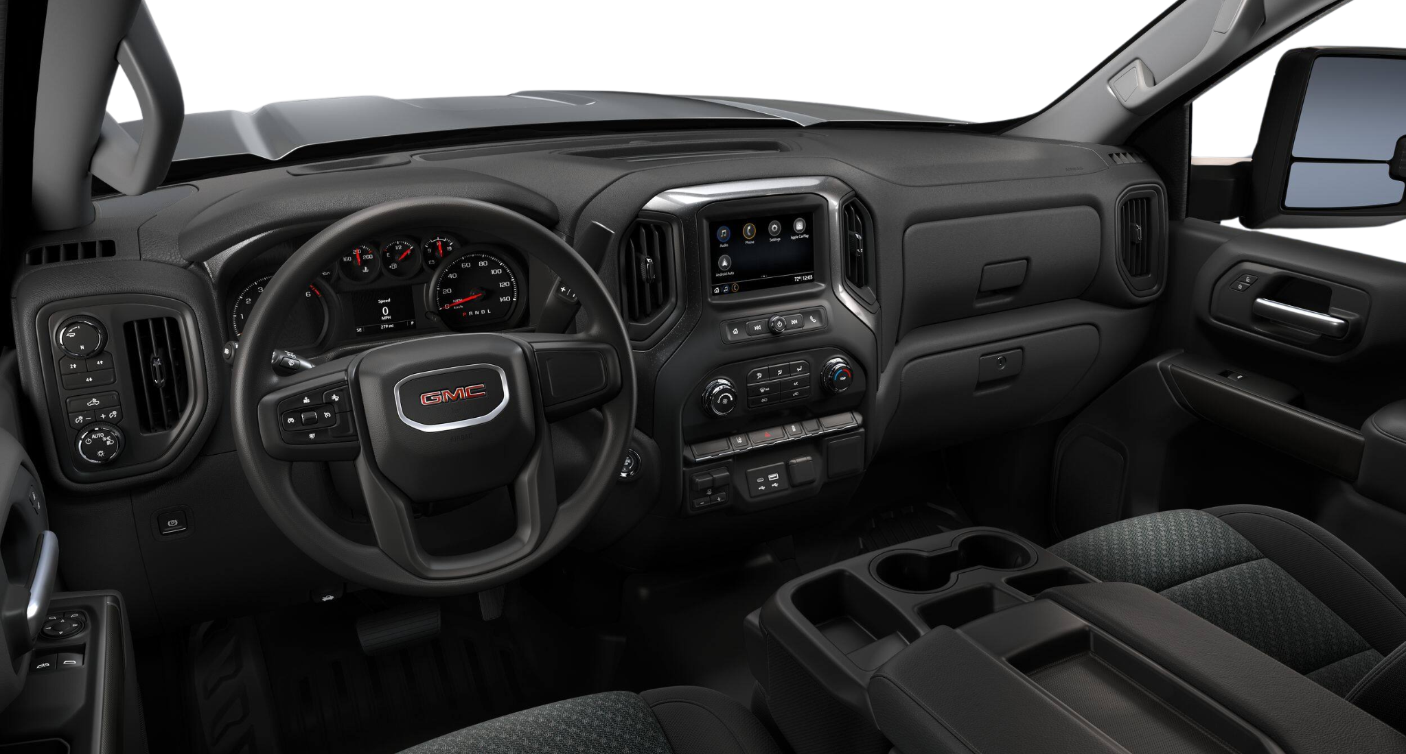 Dashboard and steering wheel of the 2025 GMC Sierra 3500 HD Pro 4WD featuring a 7-inch infotainment screen and manual climate controls.