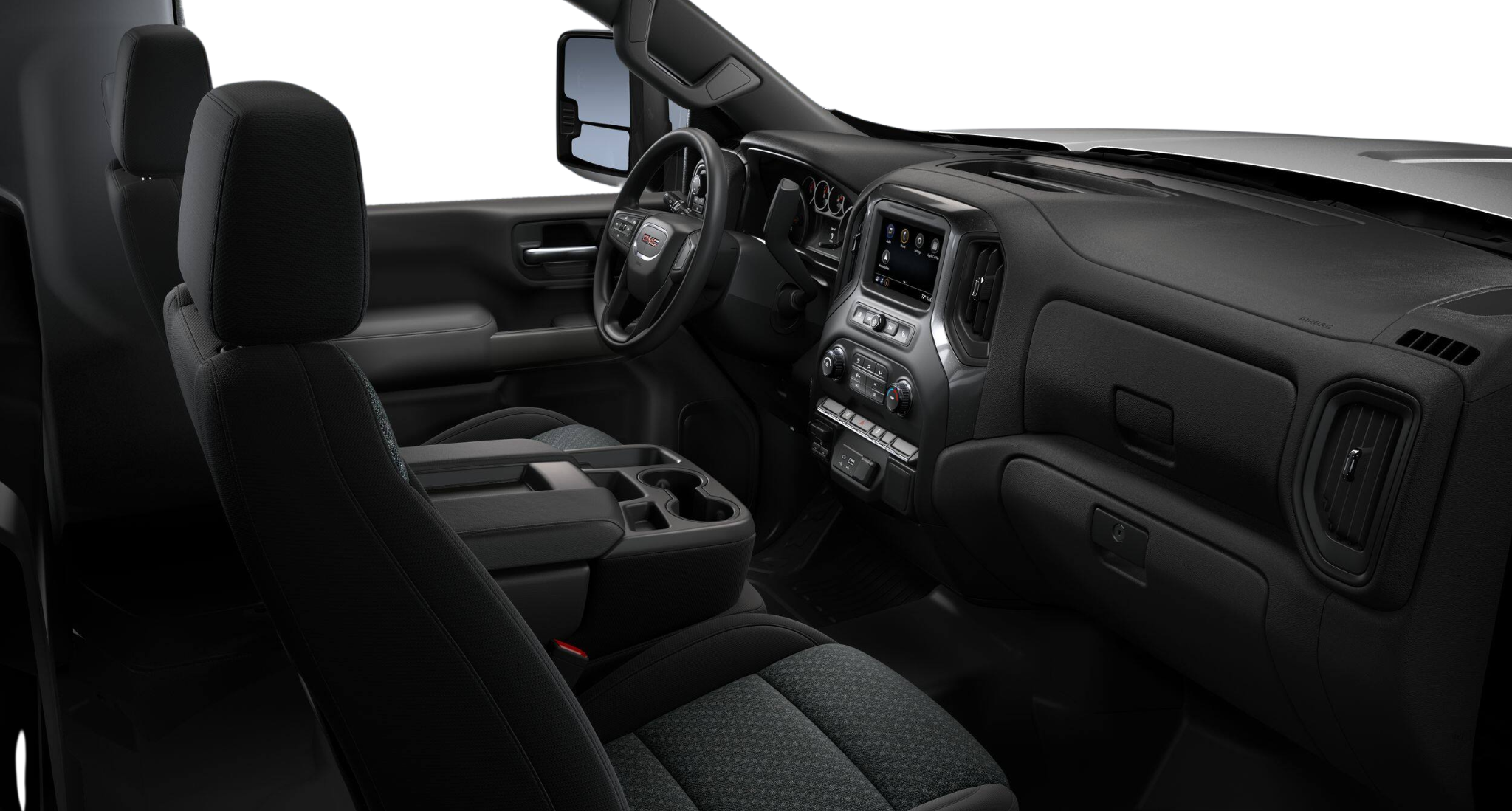 Front interior seating of the 2025 GMC Sierra 3500 HD Pro 4WD with durable vinyl bench seats and under-seat storage.