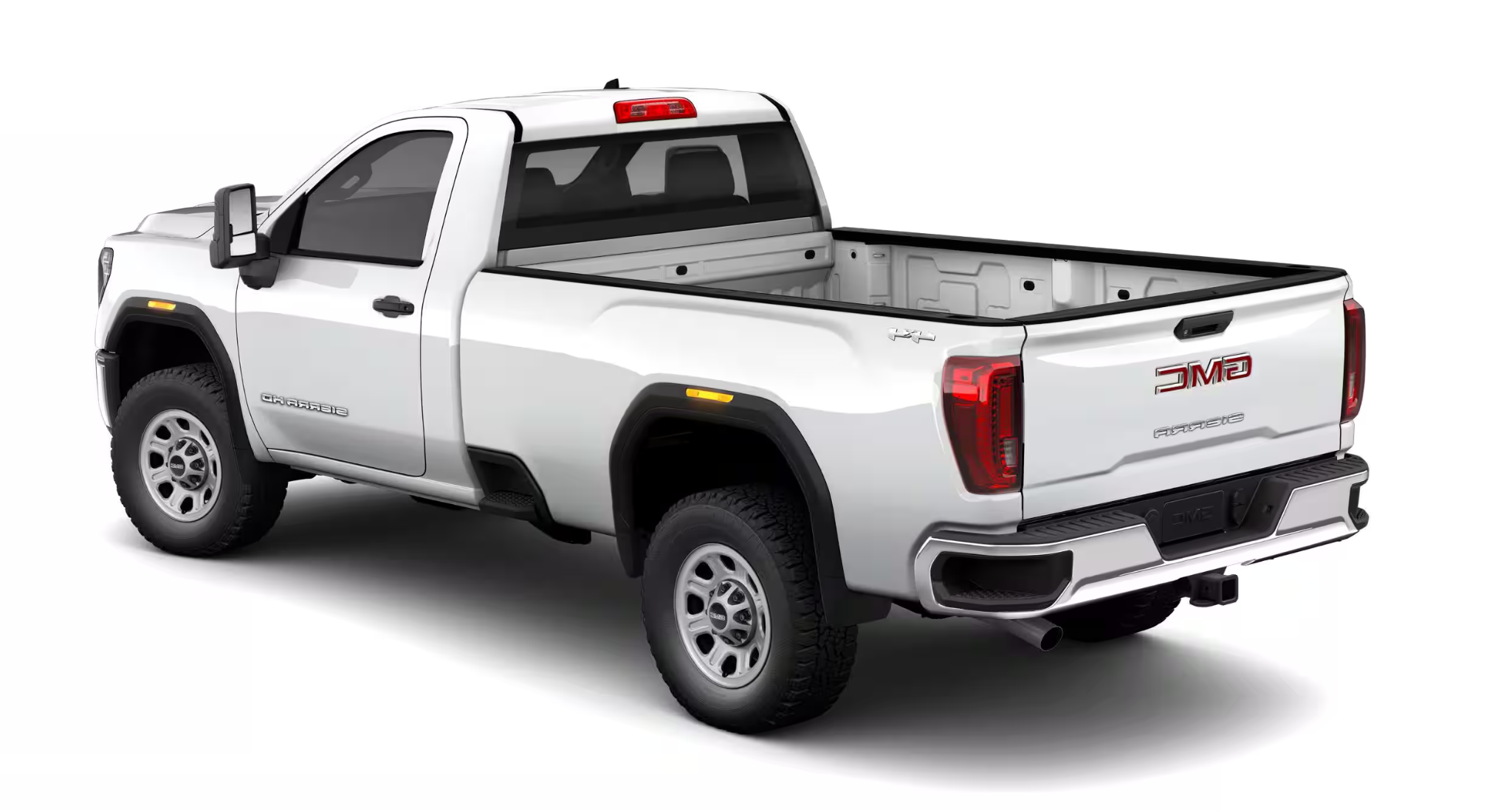 Rear angle of the 2025 GMC Sierra 3500 HD Pro 4WD showcasing the standard long bed, corner step bumper, and GMC logo tailgate.