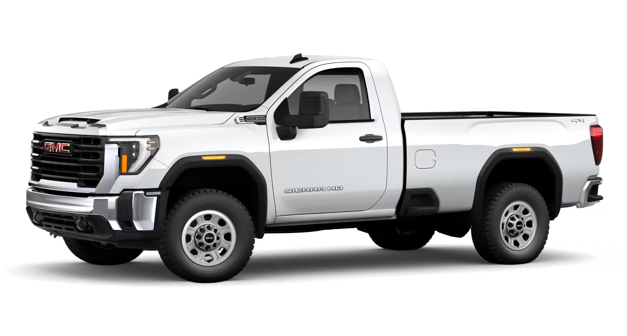 Side profile of the 2025 GMC Sierra 3500 HD Pro 4WD Regular Cab with chrome bumpers and extended trailering mirrors.