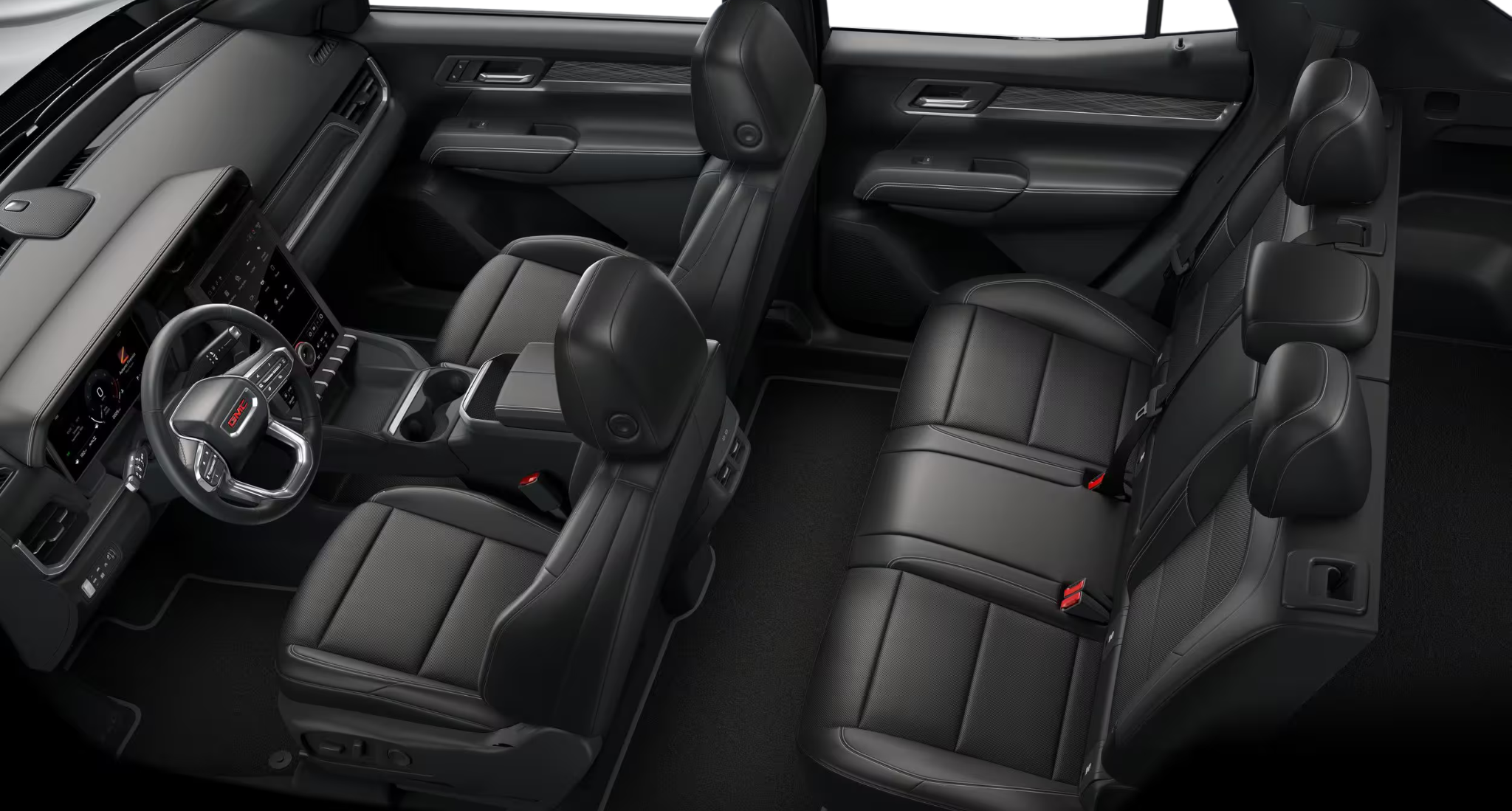 Interior view of the 2025 GMC Terrain Elevation AWD showing premium black cloth seating and spacious rear legroom.