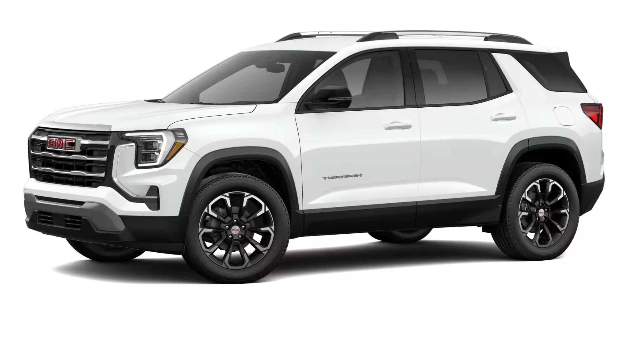 Side profile of the 2025 GMC Terrain Elevation AWD in white with gloss-black wheels, sleek body lines, and roof rails.