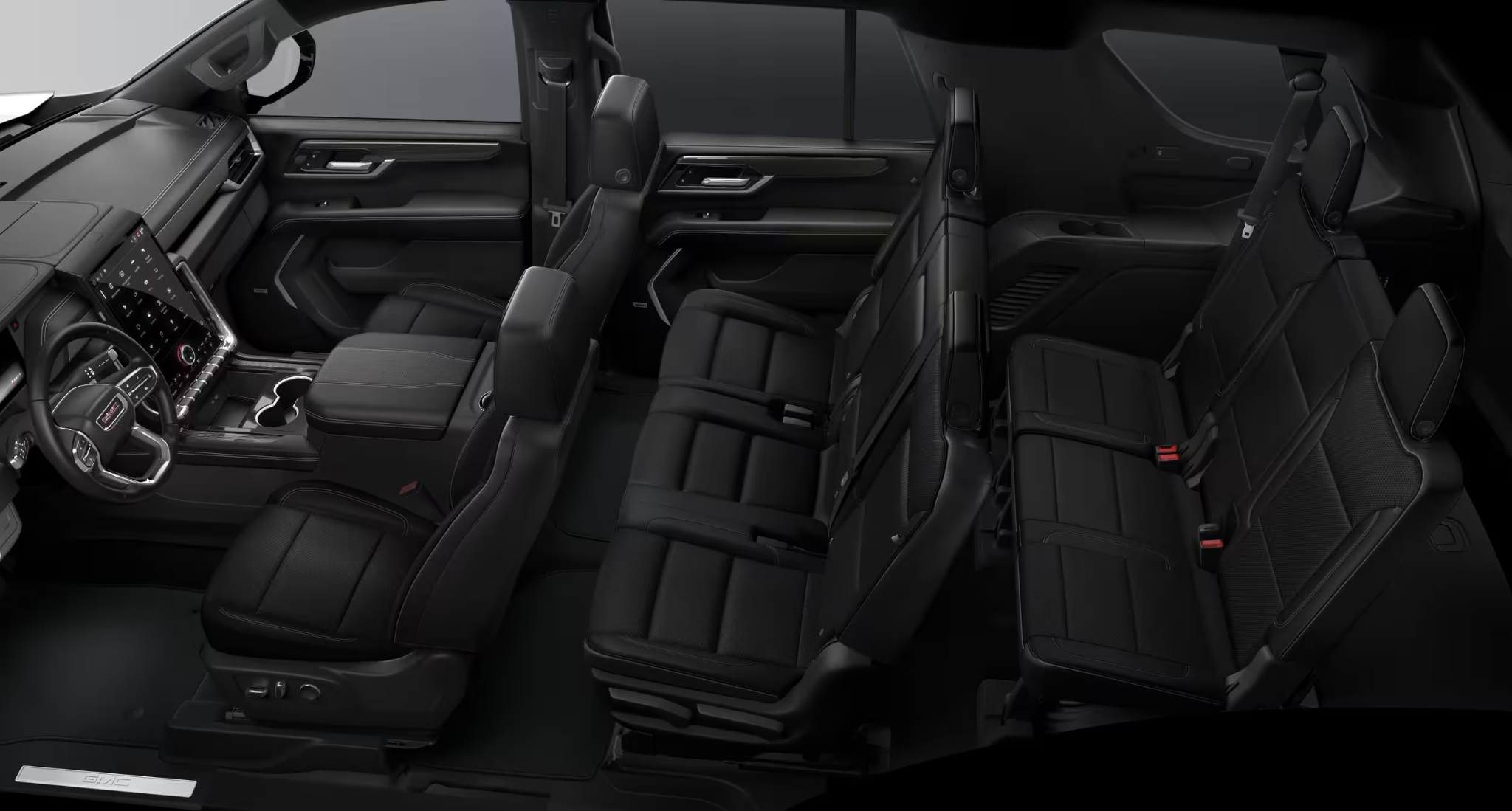 Spacious interior seating of the 2025 GMC Yukon Elevation with leather-appointed seats and three-row configuration.