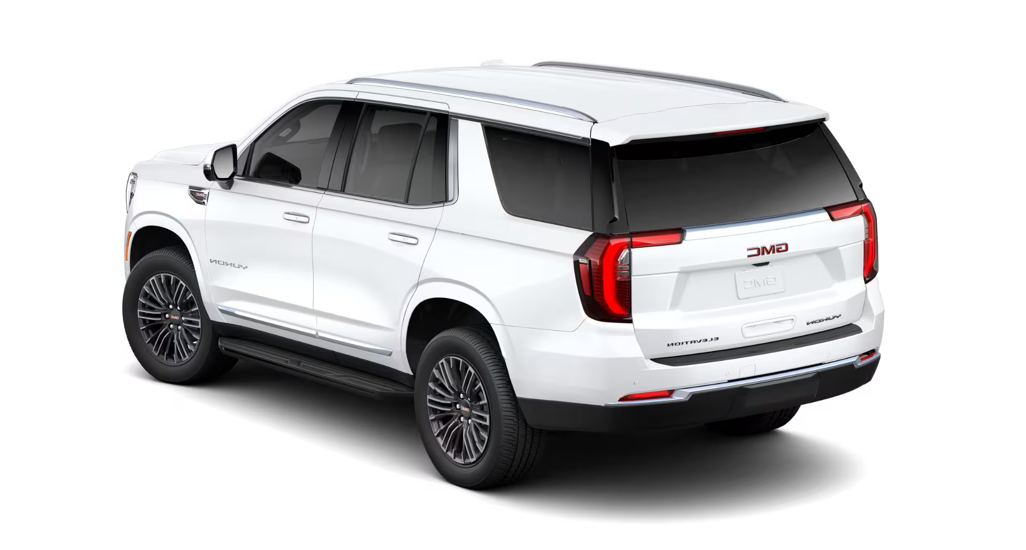 Rear view of the 2025 GMC Yukon Elevation featuring LED taillights, roof rails, and premium full-size SUV styling.