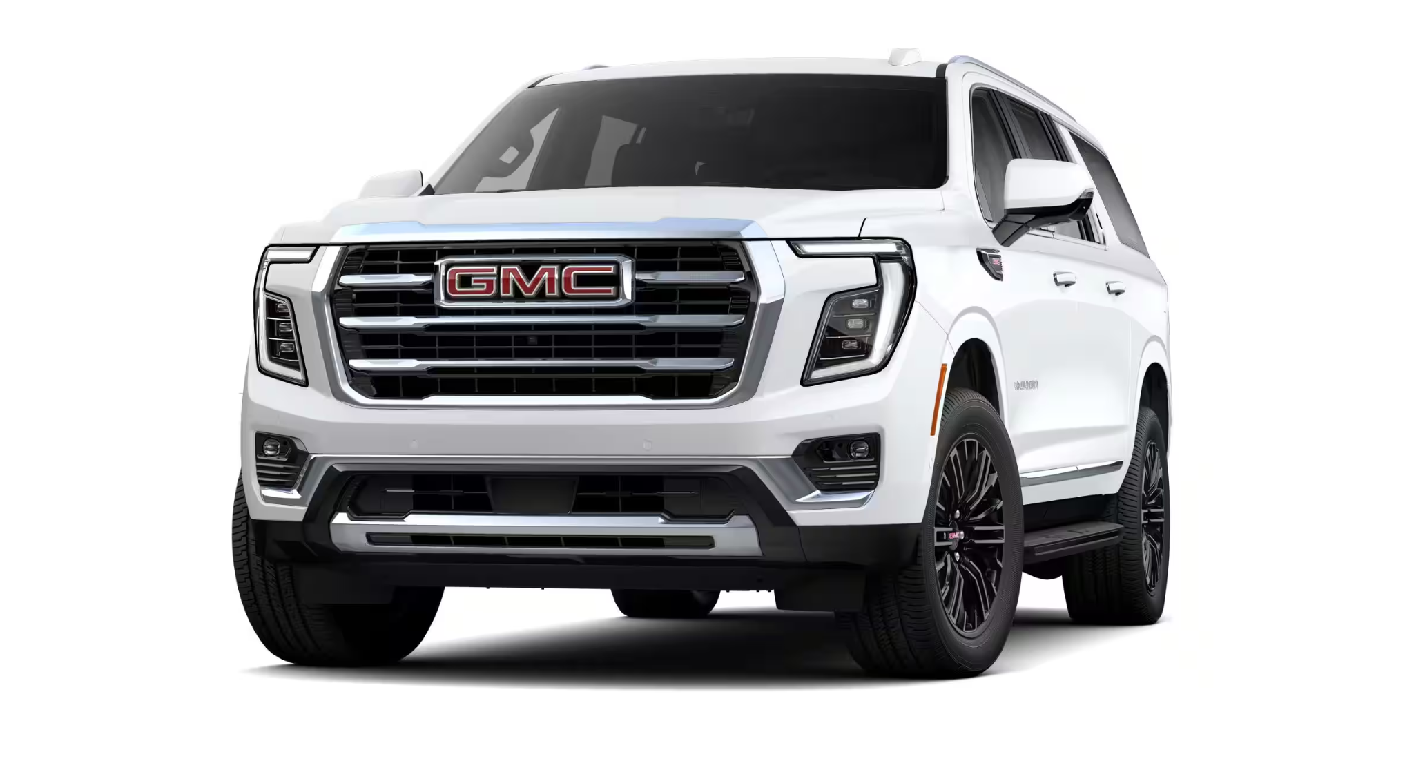Front view of the 2025 GMC Yukon XL Elevation 4WD showcasing bold grille and LED headlamps
