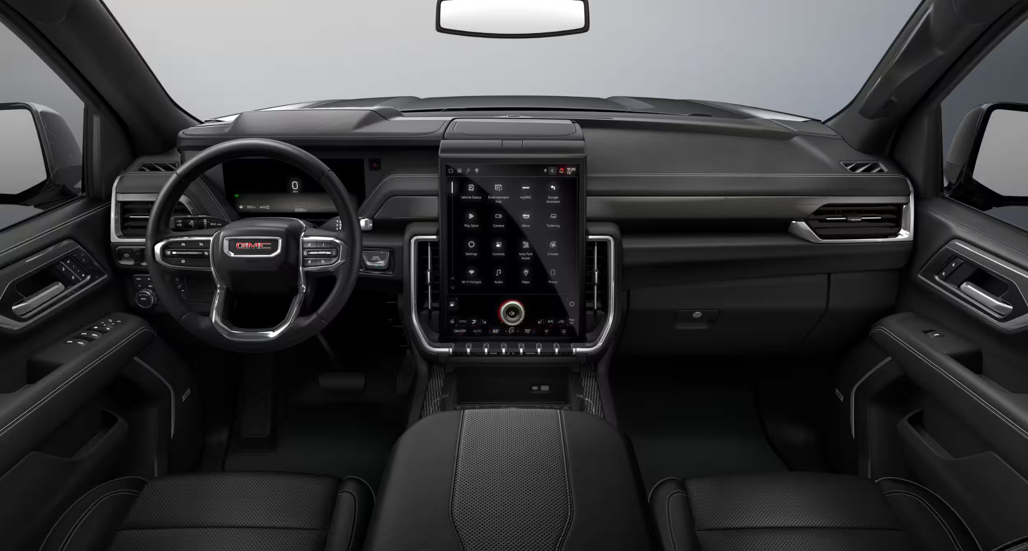 Interior dashboard of the 2025 GMC Yukon XL Elevation with advanced 16.8-inch touchscreen and premium steering wheel