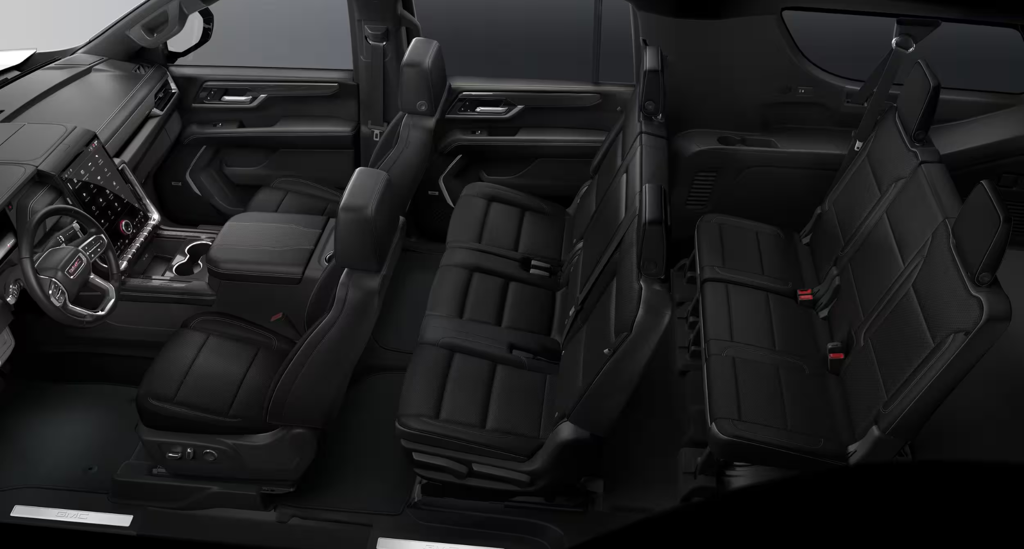 Spacious seating layout of the 2025 GMC Yukon XL Elevation showcasing three rows of premium black leather seats