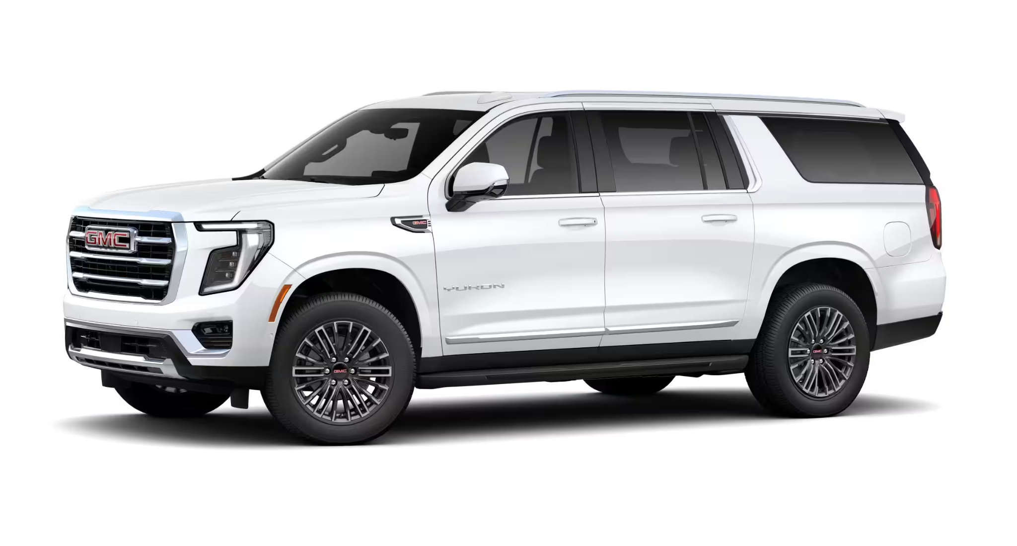 Side profile of the 2025 GMC Yukon XL Elevation 4WD highlighting the SUV’s spacious body and premium wheels