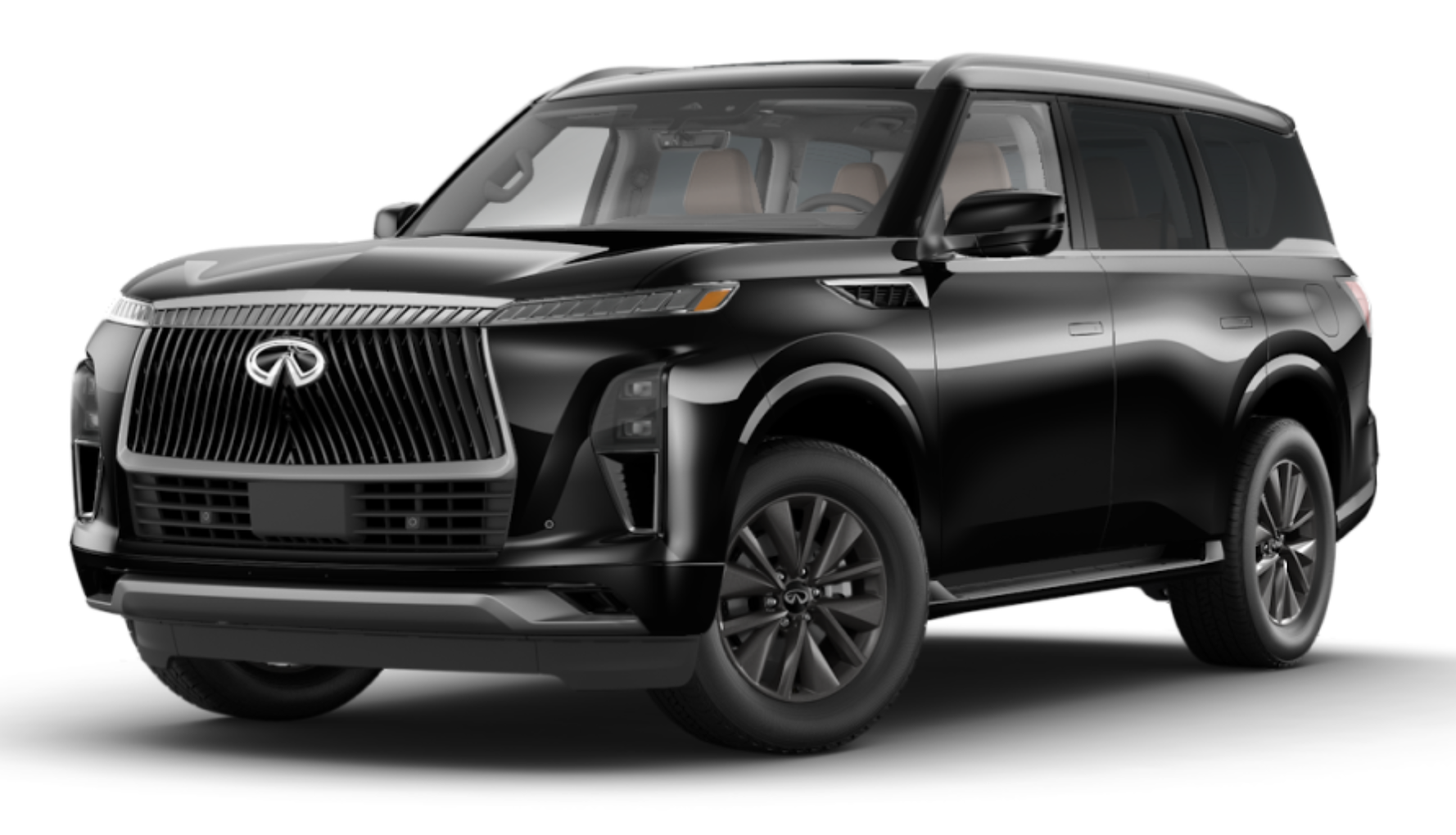Front view of the 2025 Infiniti QX80 Pure 4WD luxury SUV highlighting its distinctive grille, sleek LED headlights, and commanding road presence.